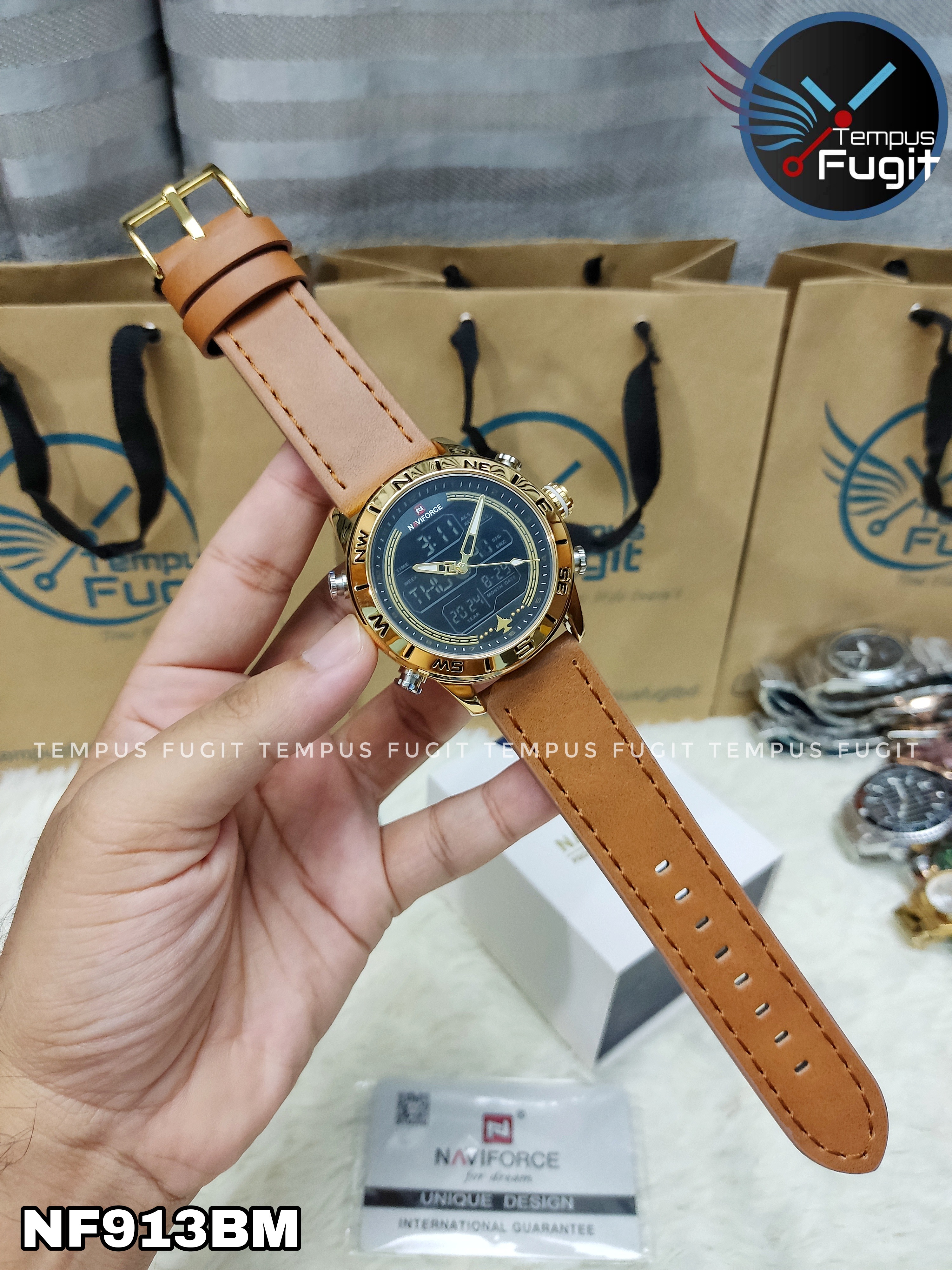 Naviforce 9144 Two Time Gents Belt Watch- Black+Golden Digital Dial - Golden Bezel- Brown Belt- TF Code NF913BM_img_7