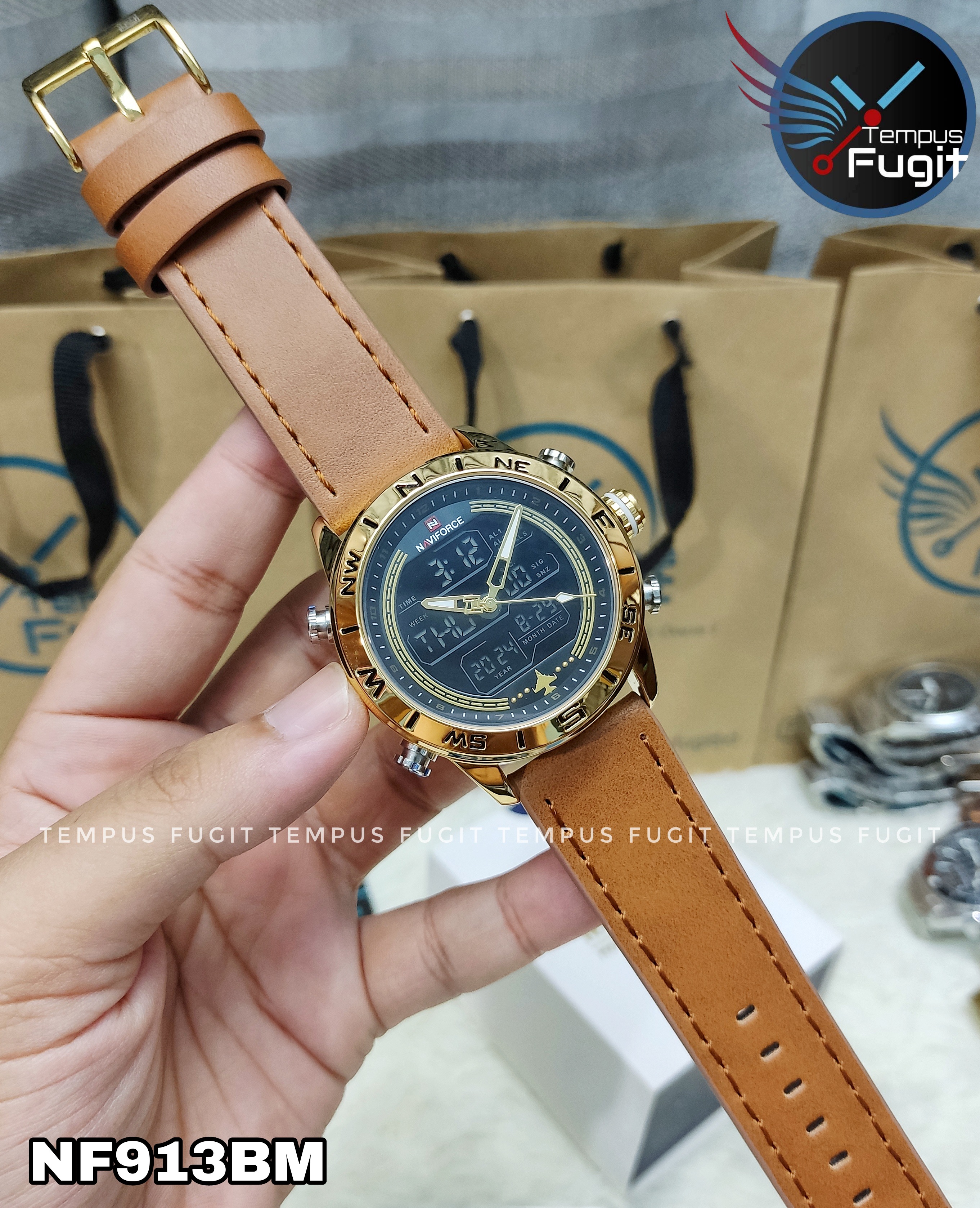 Naviforce 9144 Two Time Gents Belt Watch- Black+Golden Digital Dial - Golden Bezel- Brown Belt- TF Code NF913BM_img_8