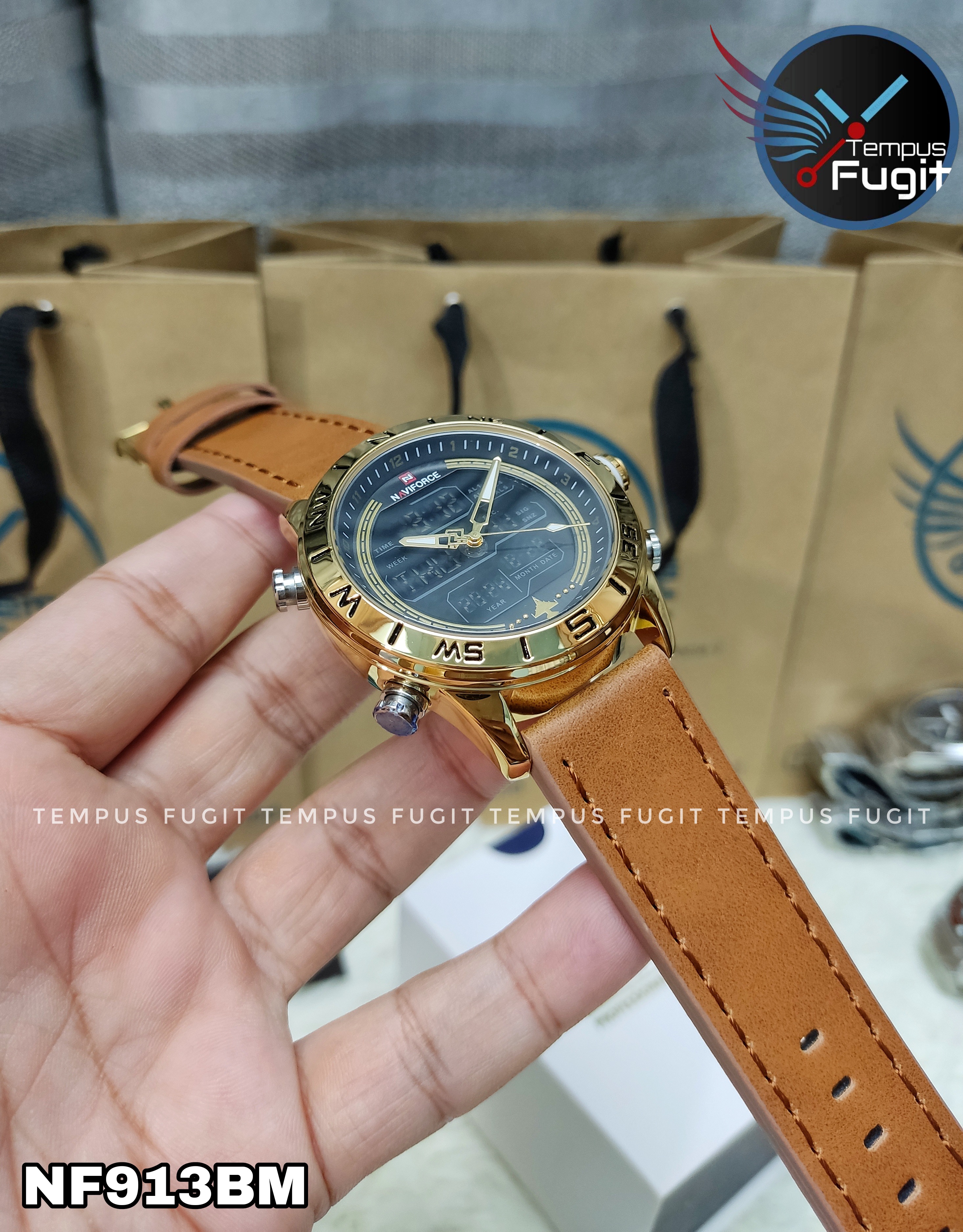 Naviforce 9144 Two Time Gents Belt Watch- Black+Golden Digital Dial - Golden Bezel- Brown Belt- TF Code NF913BM_img_9