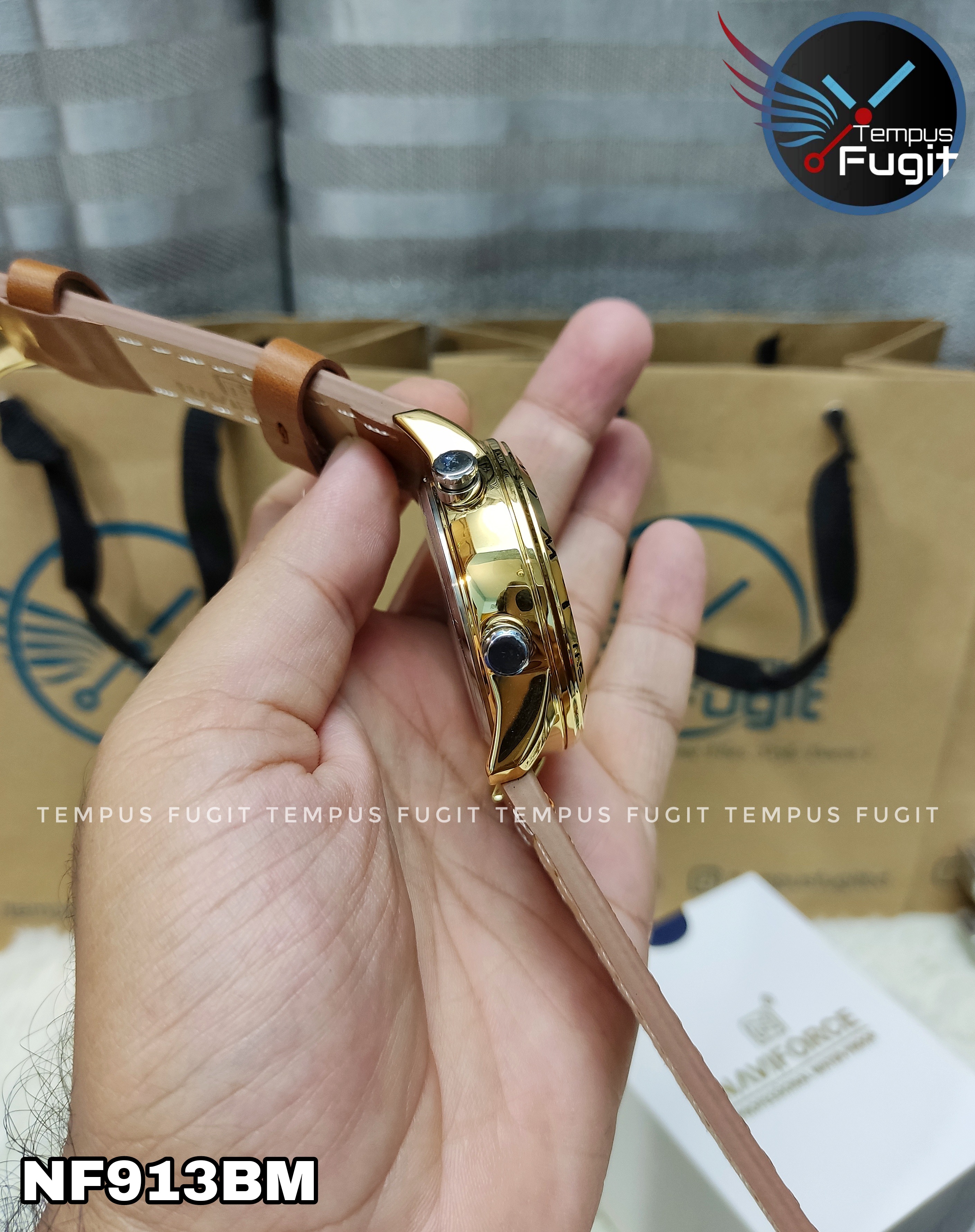 Naviforce 9144 Two Time Gents Belt Watch- Black+Golden Digital Dial - Golden Bezel- Brown Belt- TF Code NF913BM_img_10