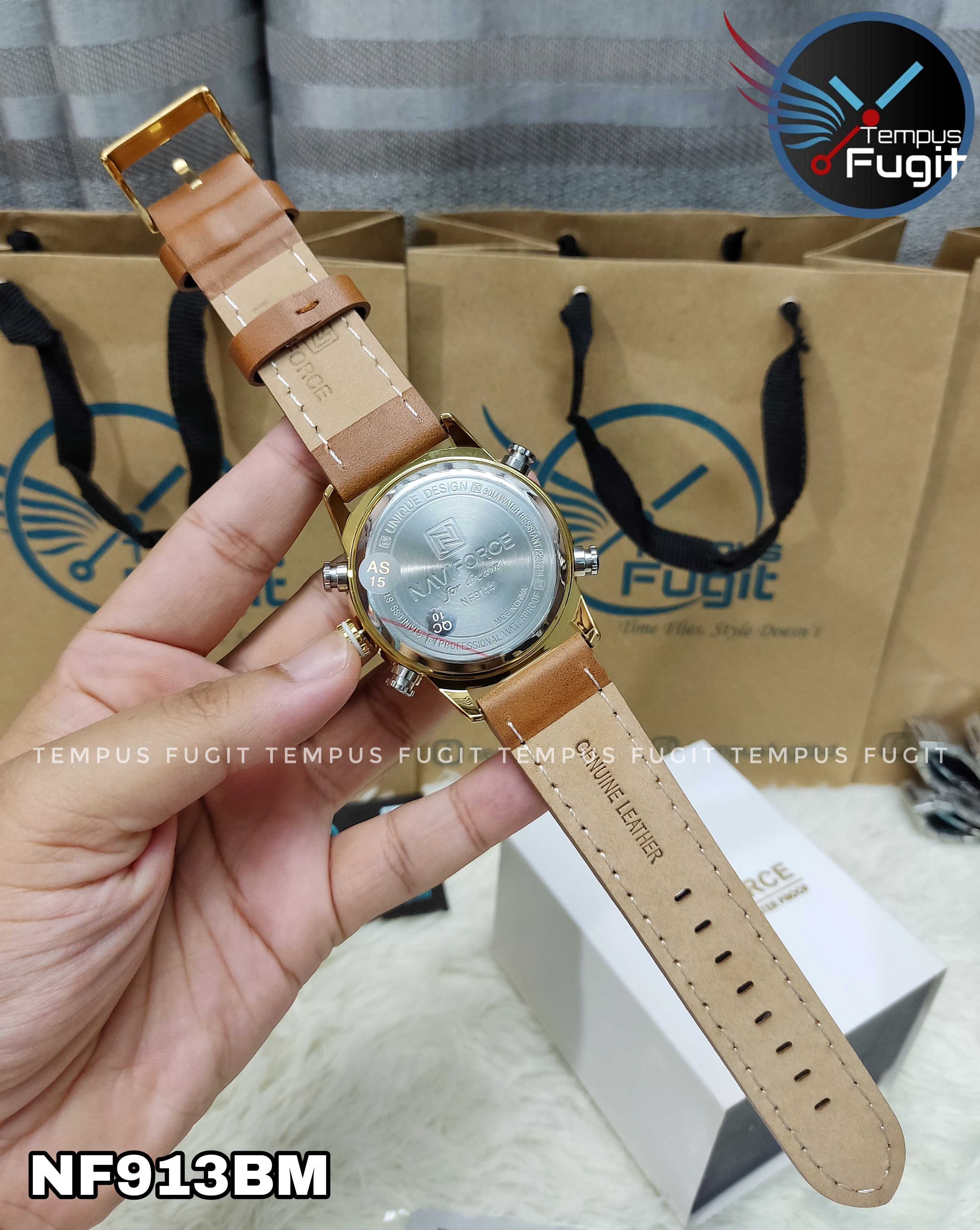 Naviforce 9144 Two Time Gents Belt Watch- Black+Golden Digital Dial - Golden Bezel- Brown Belt- TF Code NF913BM_img_11