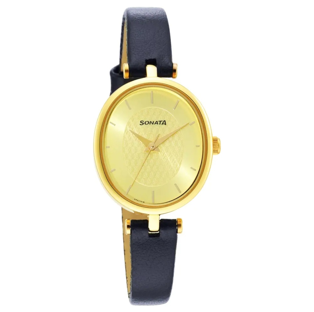 Sonata 8181yl01 Ladies Belt Watch- Golden Dial- Golden Bezel- Blue Belt- TF Code SNT691BF_img_0