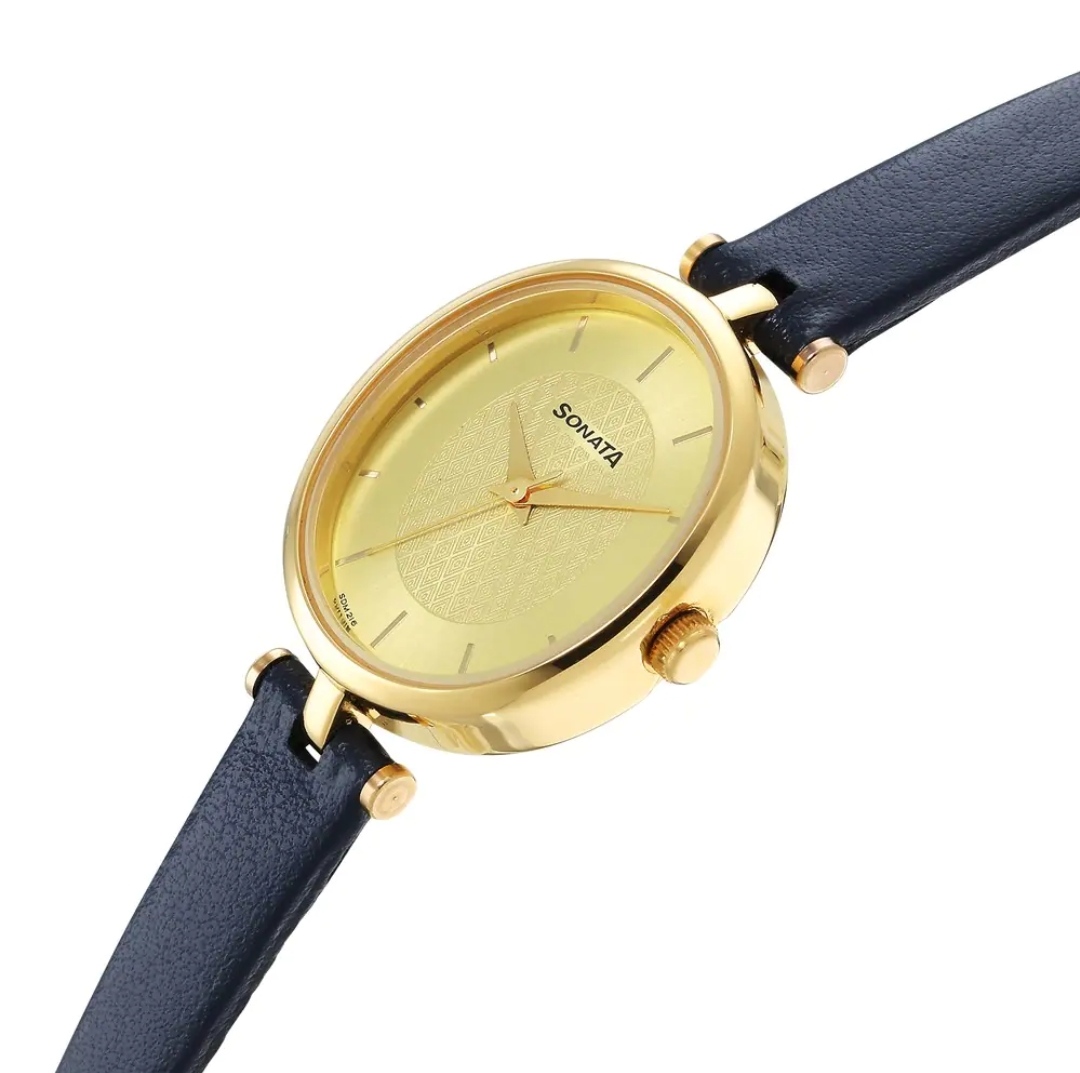 Sonata 8181yl01 Ladies Belt Watch- Golden Dial- Golden Bezel- Blue Belt- TF Code SNT691BF_img_1