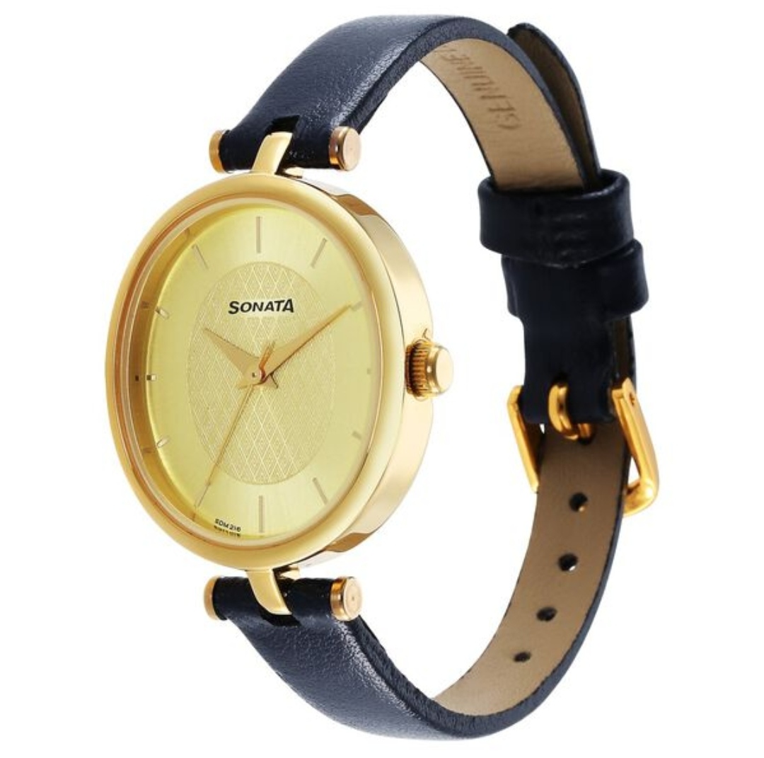 Sonata 8181yl01 Ladies Belt Watch- Golden Dial- Golden Bezel- Blue Belt- TF Code SNT691BF_img_2