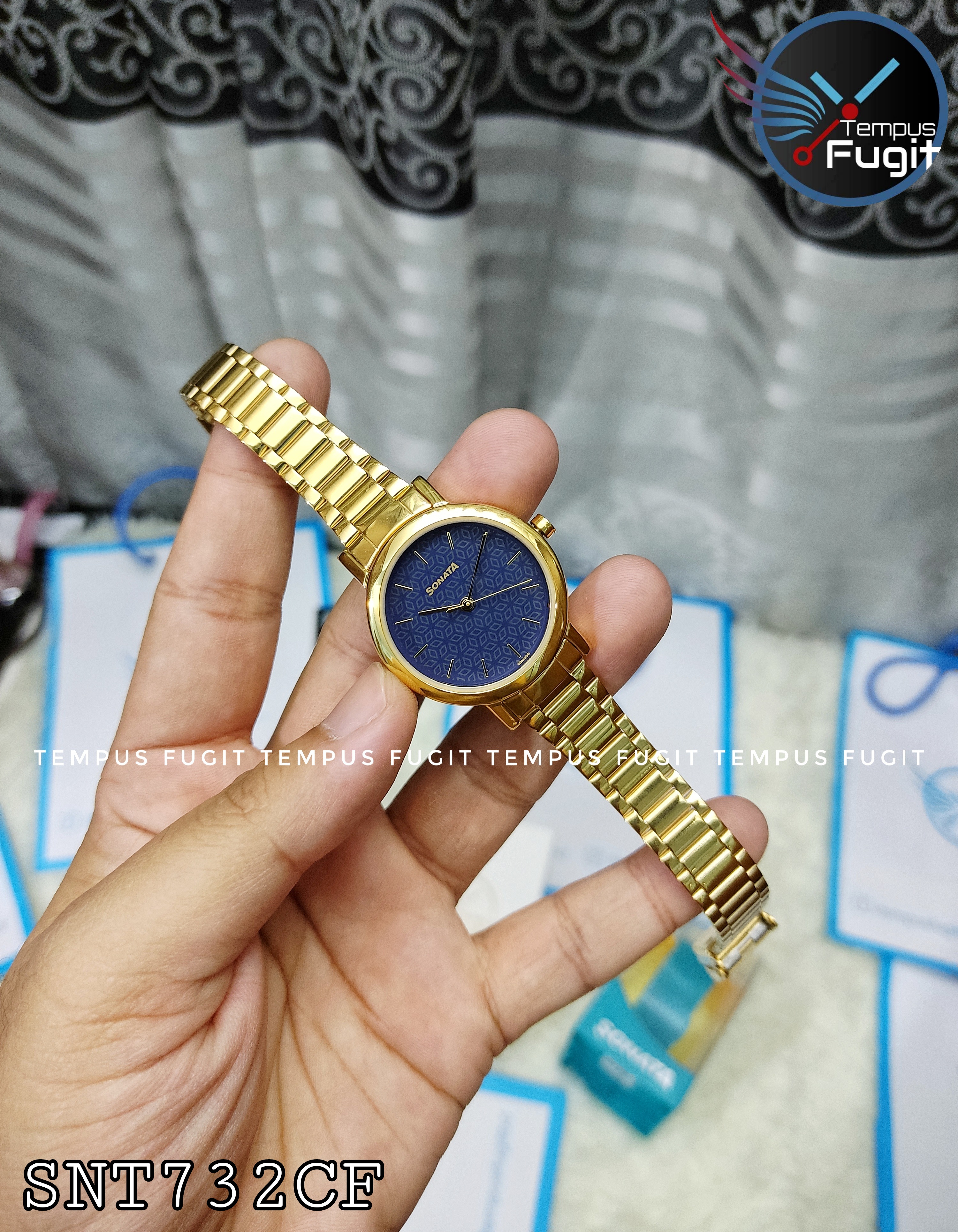Sonata NS8174YM04 Ladies Chain Watch- Essential Blue Dial- Golden Bezel- Golden Chain- TF Code SNT732CF_img_4