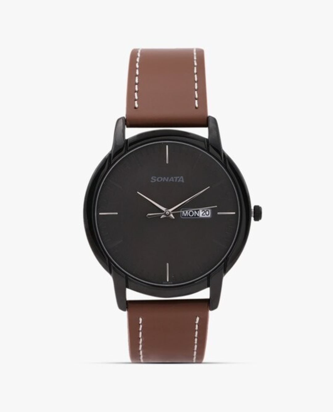 Sonata NP77031NL04 Gents Belt Watch- Black Dial- Black Bezel- Brown Belt- TF Code SNT779BM_img_0