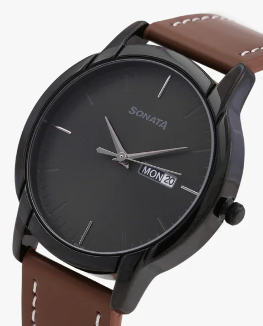 Sonata NP77031NL04 Gents Belt Watch- Black Dial- Black Bezel- Brown Belt- TF Code SNT779BM_img_1