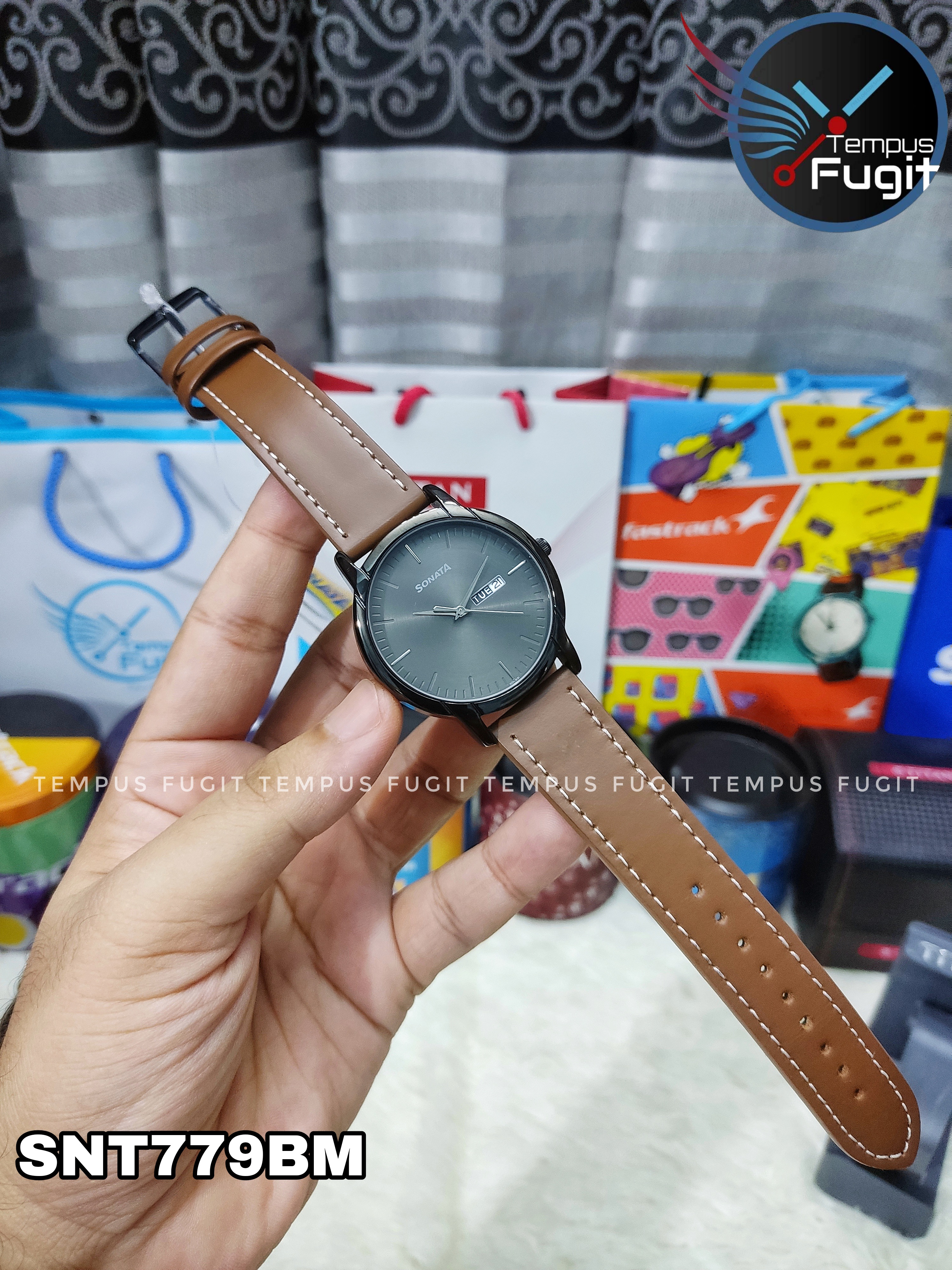 Sonata NP77031NL04 Gents Belt Watch- Black Dial- Black Bezel- Brown Belt- TF Code SNT779BM_img_4