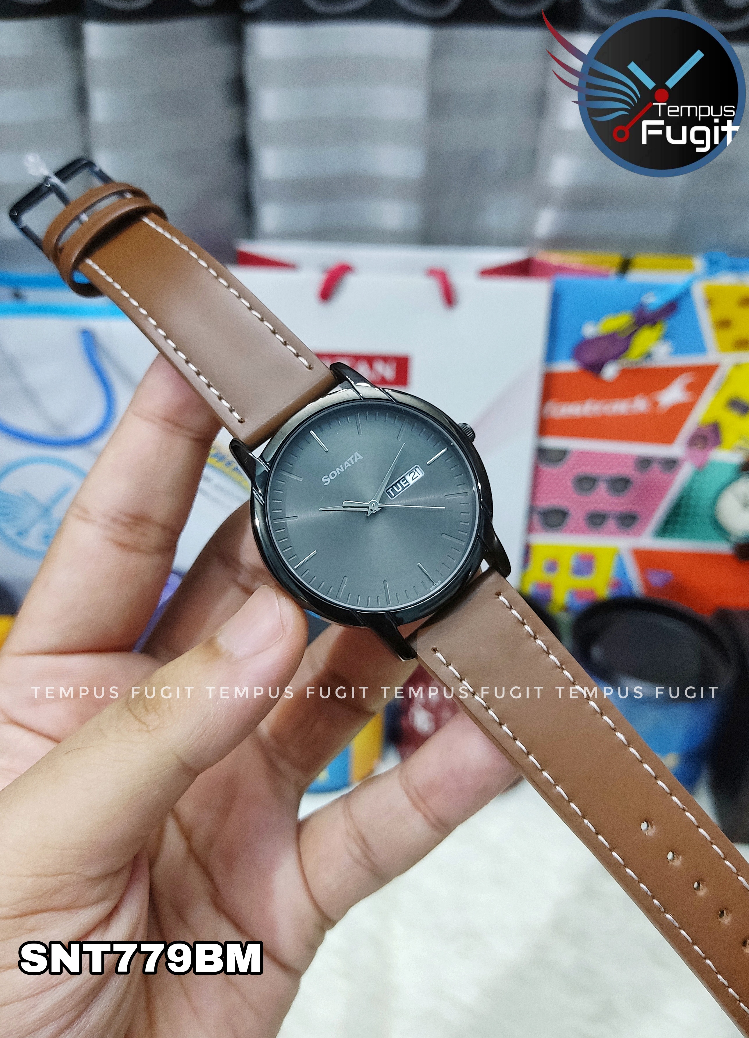 Sonata NP77031NL04 Gents Belt Watch- Black Dial- Black Bezel- Brown Belt- TF Code SNT779BM_img_5