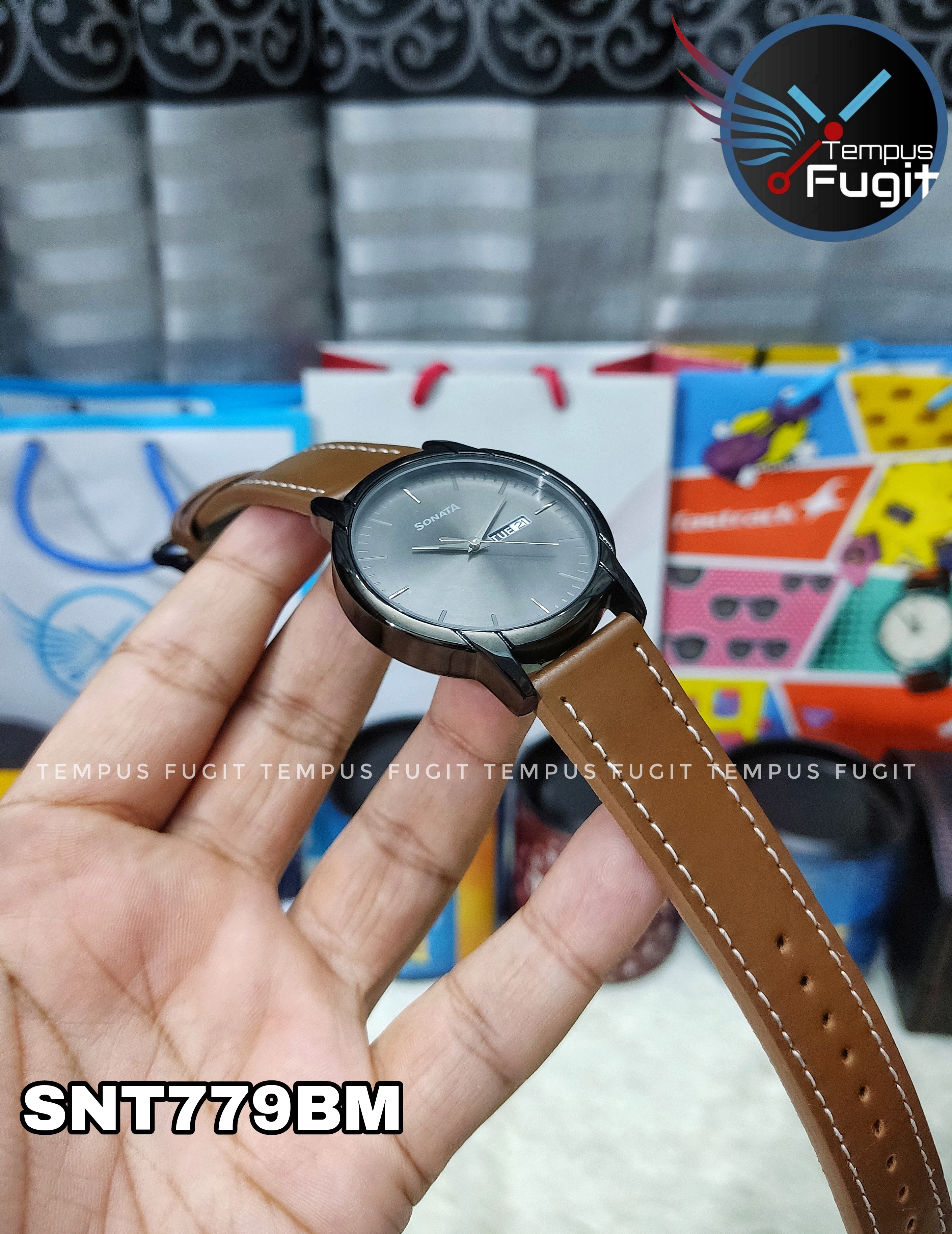 Sonata NP77031NL04 Gents Belt Watch- Black Dial- Black Bezel- Brown Belt- TF Code SNT779BM_img_6