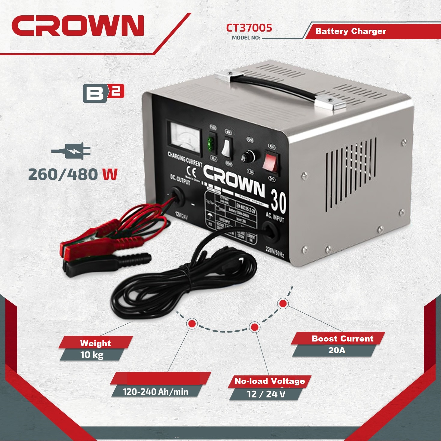 CROWN CT37005 Battery Charger, 12/24V, 16A, 260W - 480W, Charging Capacity : 120-240Ah;  CT37005_img_1