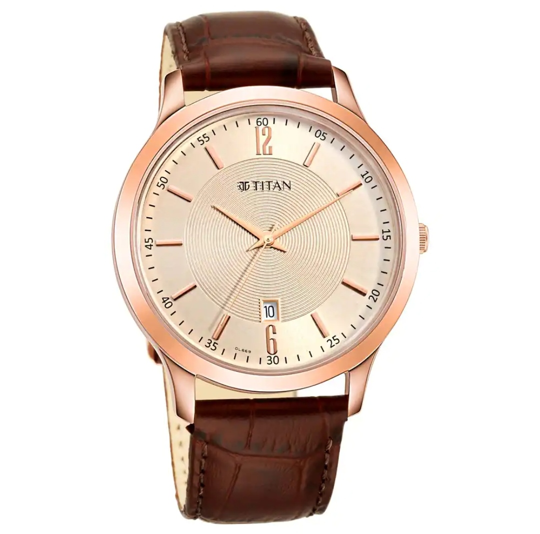 Titan NR1825WL02 Gents Belt Watch- Rose Golden Dial- Golden Bezel- Leather Color Belt- TF Code TT800BM_img_1