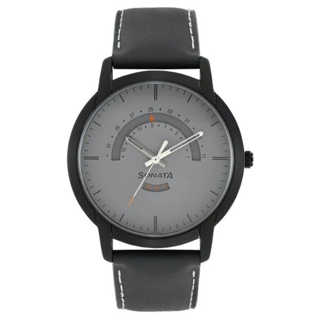 Sonata NP77031NL02 Gents Belt Watch- Grey Dial- Black Bezel- Grey Belt- TF Code SNT802BM_img_0