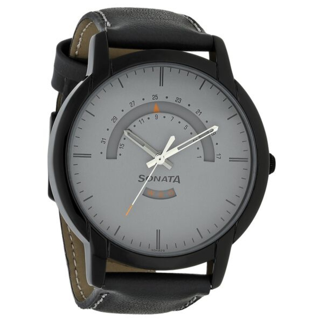 Sonata NP77031NL02 Gents Belt Watch- Grey Dial- Black Bezel- Grey Belt- TF Code SNT802BM_img_1