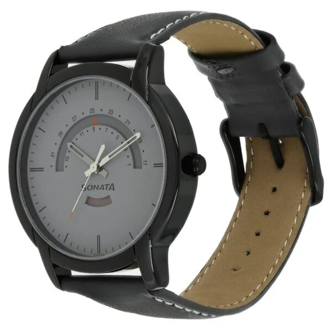 Sonata NP77031NL02 Gents Belt Watch- Grey Dial- Black Bezel- Grey Belt- TF Code SNT802BM_img_2