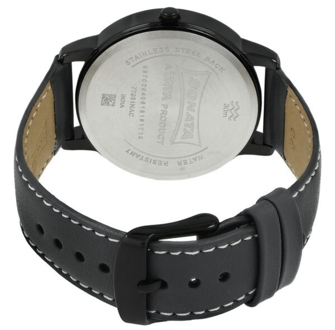 Sonata NP77031NL02 Gents Belt Watch- Grey Dial- Black Bezel- Grey Belt- TF Code SNT802BM_img_4