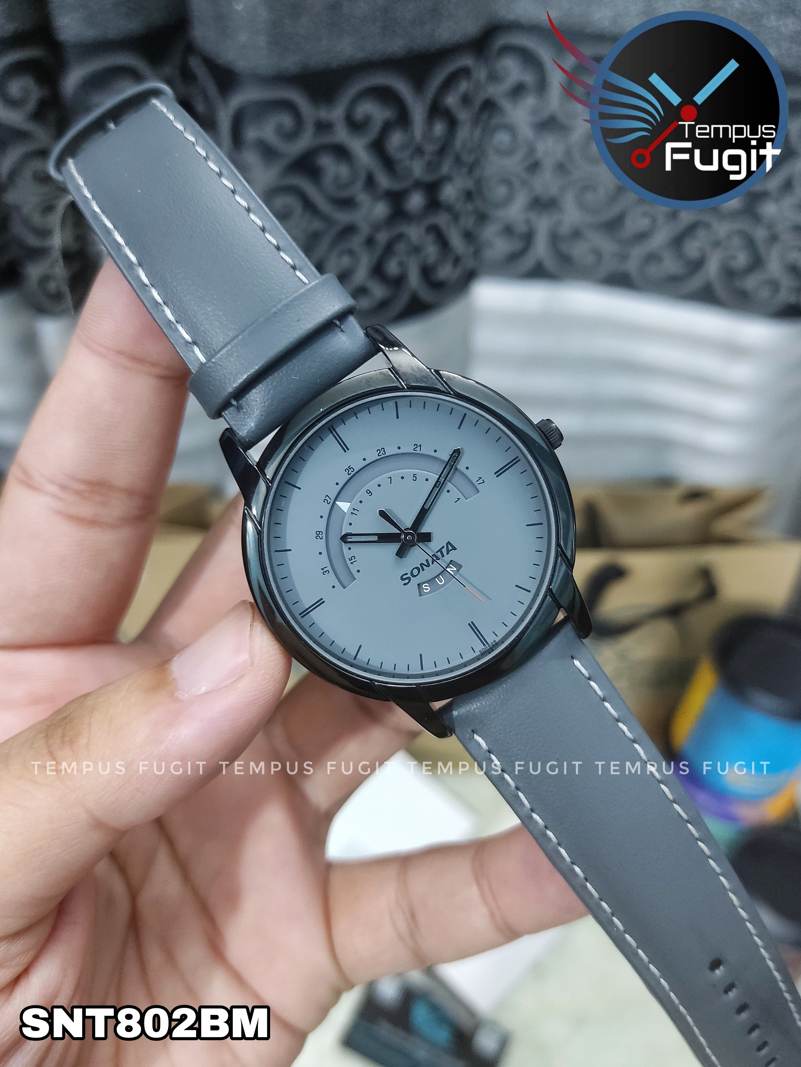 Sonata NP77031NL02 Gents Belt Watch- Grey Dial- Black Bezel- Grey Belt- TF Code SNT802BM_img_6