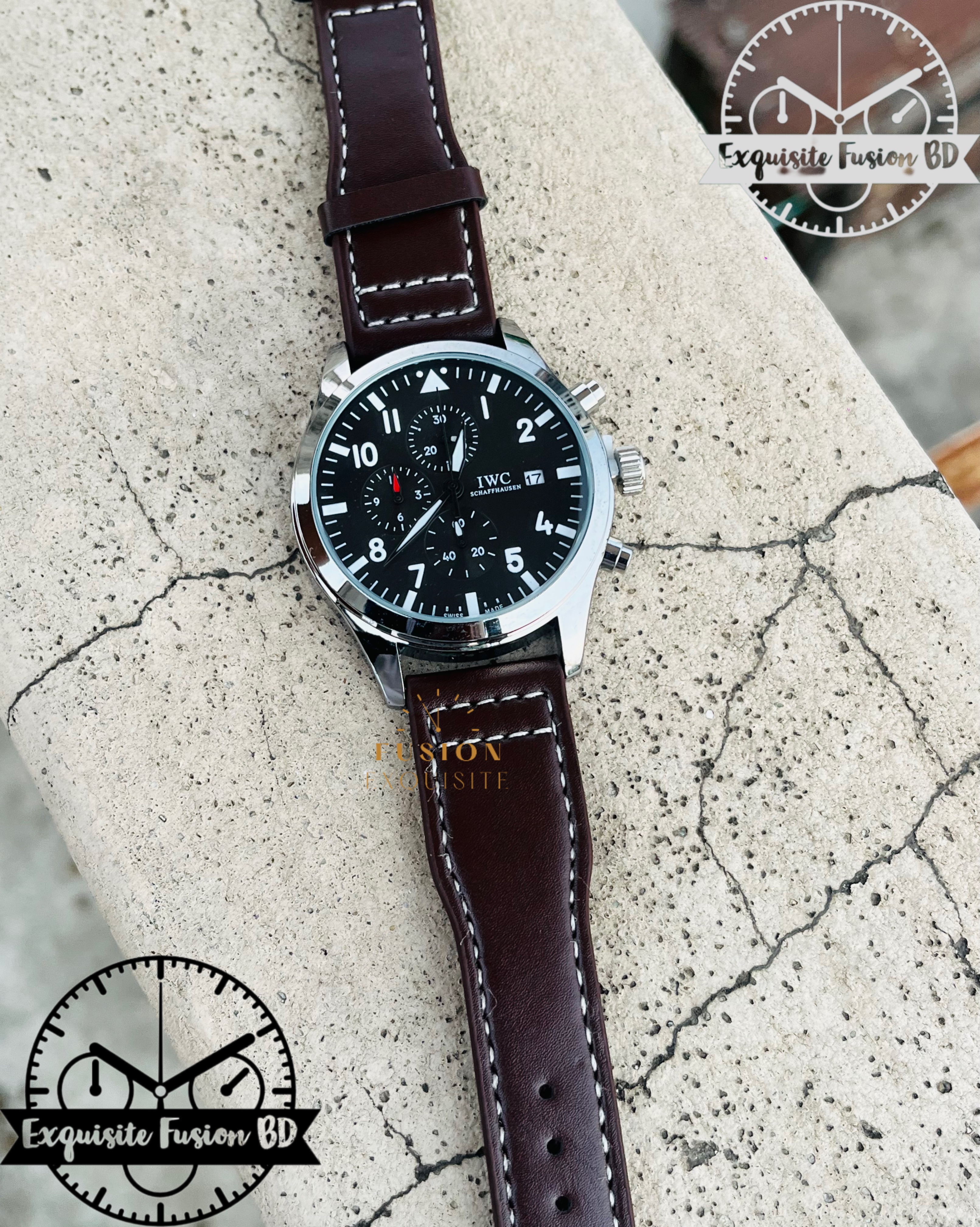 IWC Black Dial Brown Belt Chronograph Watch (AA Grade)