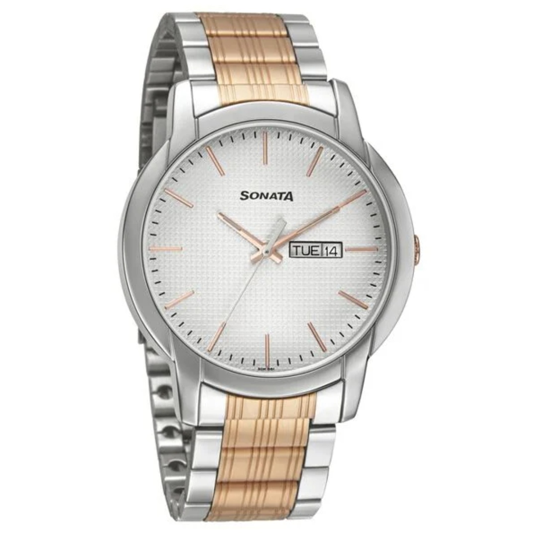 Sonata NS77031KM02 Gents Chain Watch- White Dial- Silver Bezel- Silver+Rose Golden Chain- TF Code SNT798CM_img_0