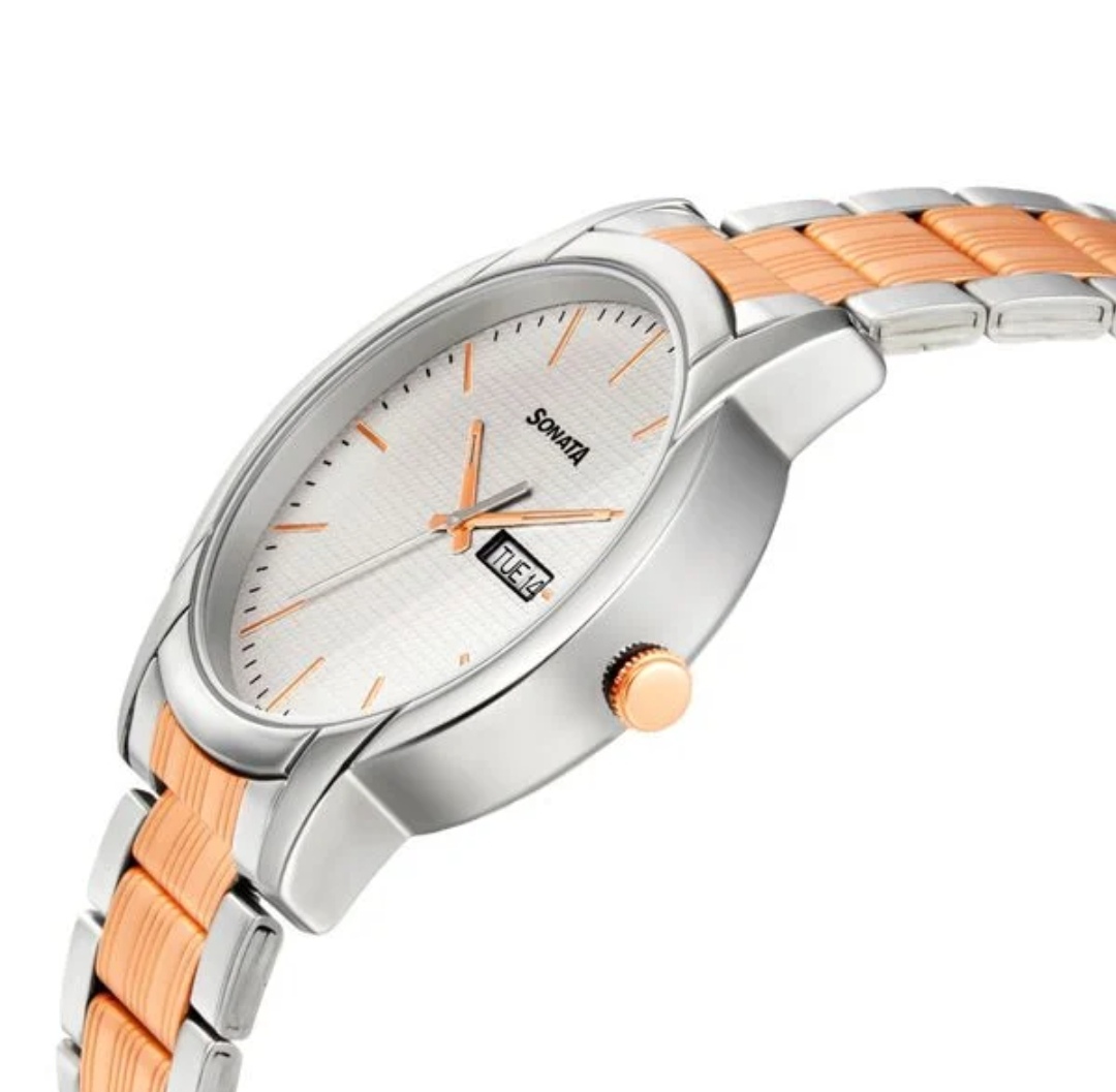 Sonata NS77031KM02 Gents Chain Watch- White Dial- Silver Bezel- Silver+Rose Golden Chain- TF Code SNT798CM_img_2