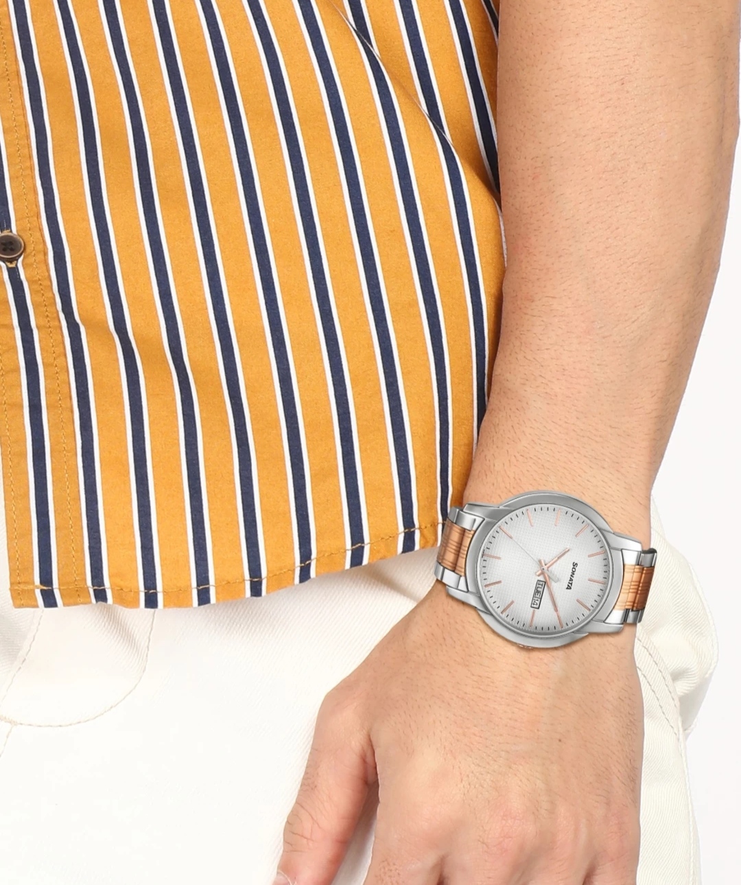 Sonata NS77031KM02 Gents Chain Watch- White Dial- Silver Bezel- Silver+Rose Golden Chain- TF Code SNT798CM_img_4