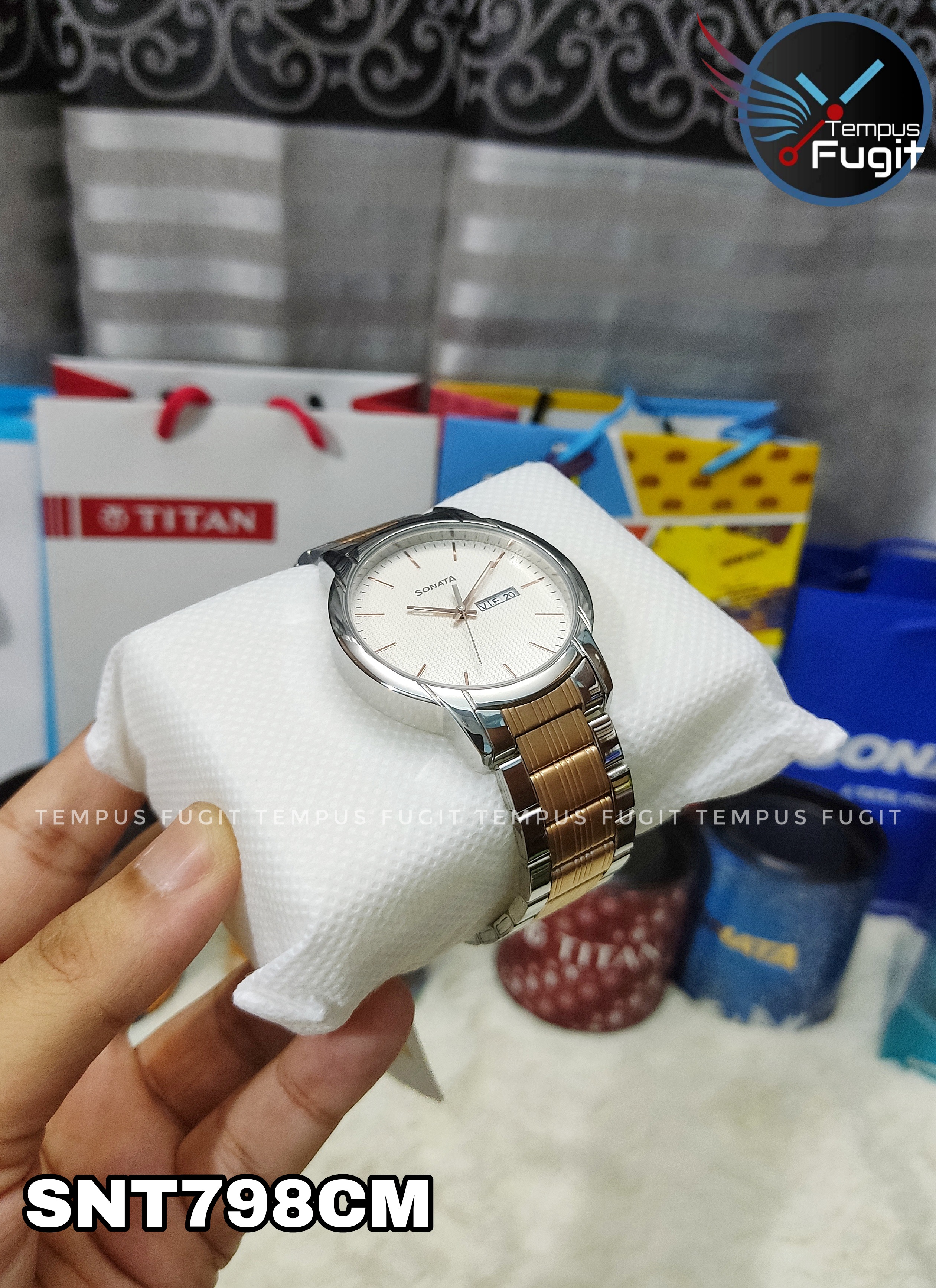 Sonata NS77031KM02 Gents Chain Watch- White Dial- Silver Bezel- Silver+Rose Golden Chain- TF Code SNT798CM_img_6