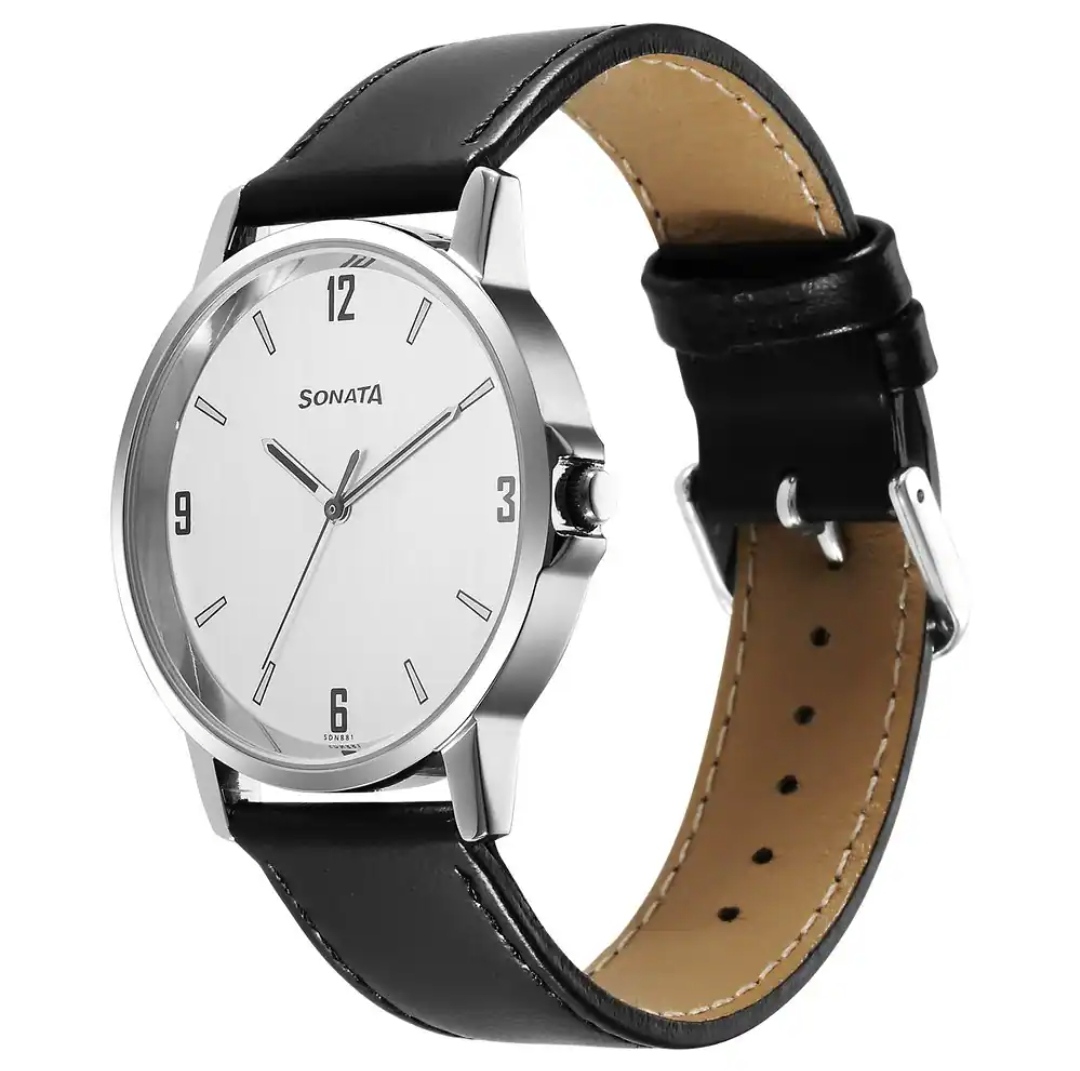 Sonata 77083SL08 Gents Belt Watch- Silver Dial- Black Bezel- Grey Belt- TF Code SNT803BM_img_1