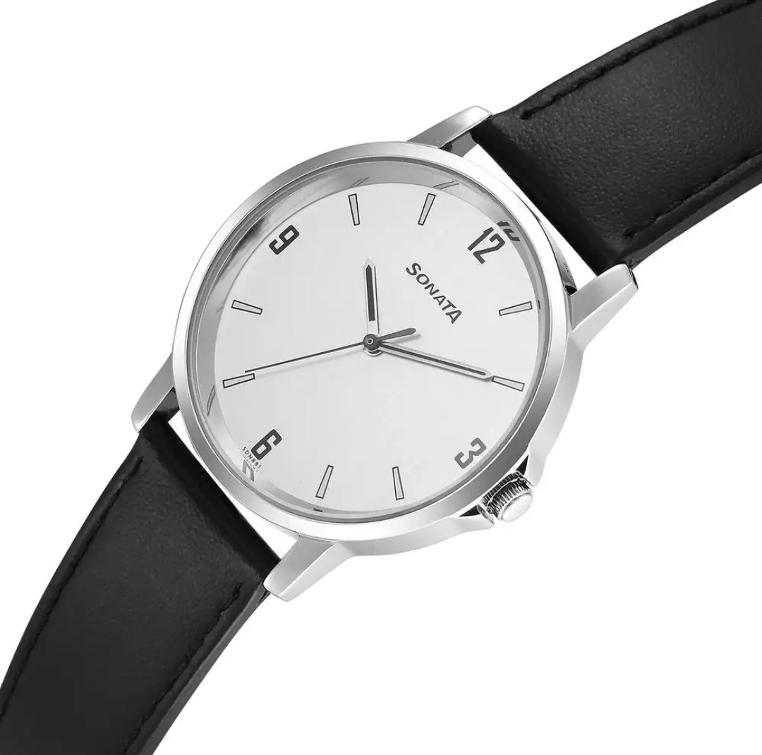 Sonata 77083SL08 Gents Belt Watch- Silver Dial- Black Bezel- Grey Belt- TF Code SNT803BM_img_2