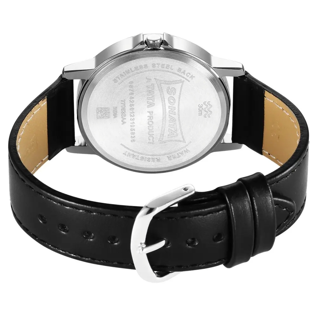 Sonata 77083SL08 Gents Belt Watch- Silver Dial- Black Bezel- Grey Belt- TF Code SNT803BM_img_3