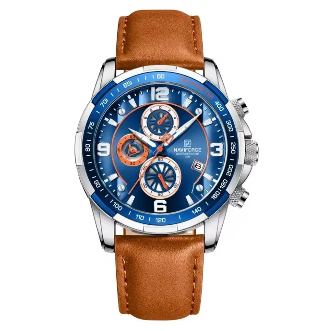 Naviforce 8020 Gents Chronograph Belt Watch- Blue Dial- Blue+Silver Bezel- Orangish Belt- TF Code NF745BM_img_0