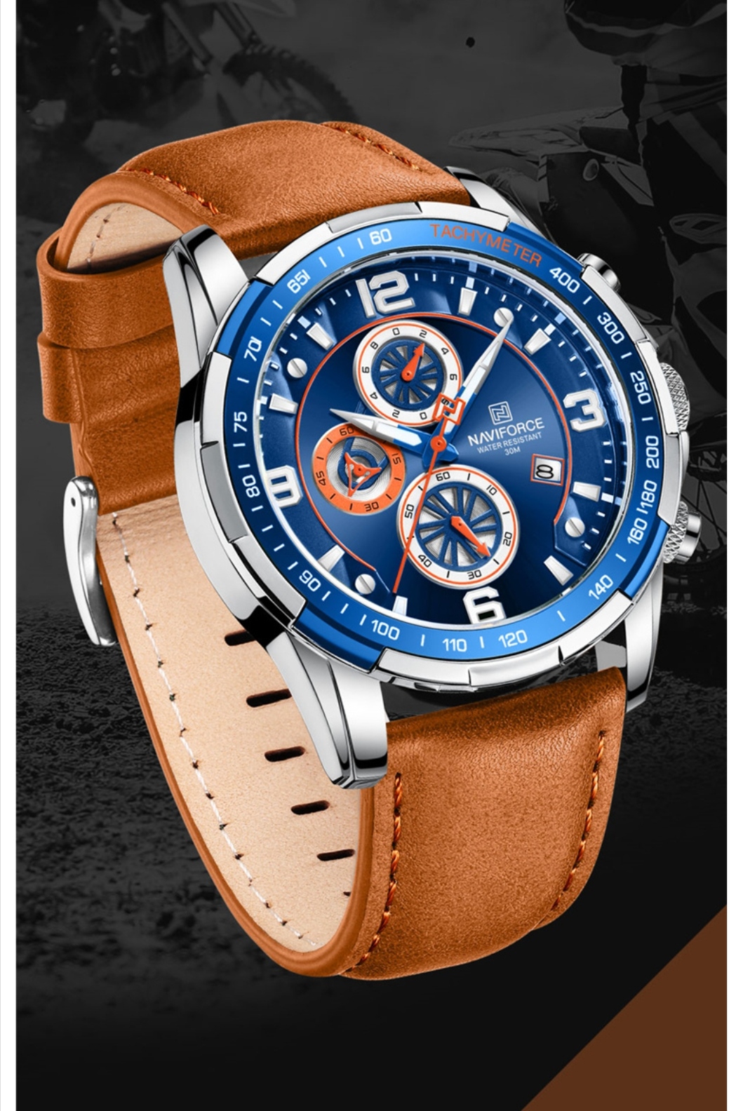 Naviforce 8020 Gents Chronograph Belt Watch- Blue Dial- Blue+Silver Bezel- Orangish Belt- TF Code NF745BM_img_1