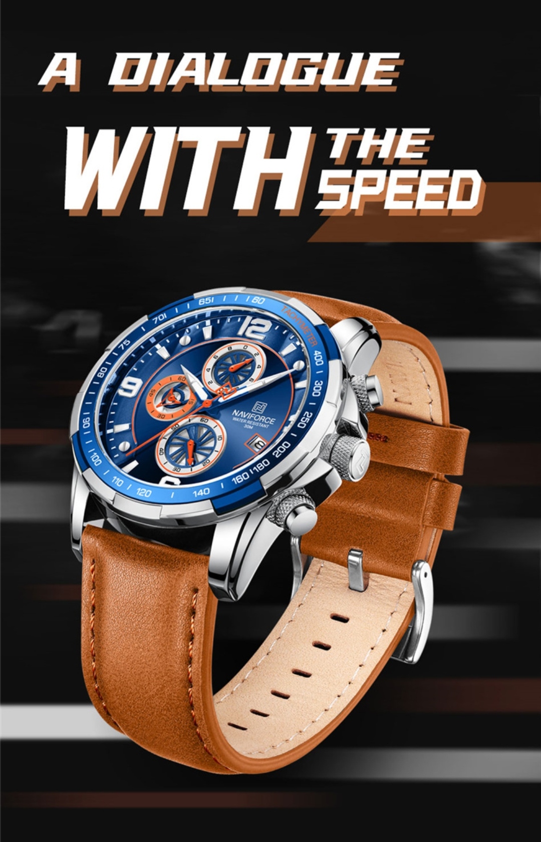 Naviforce 8020 Gents Chronograph Belt Watch- Blue Dial- Blue+Silver Bezel- Orangish Belt- TF Code NF745BM_img_2