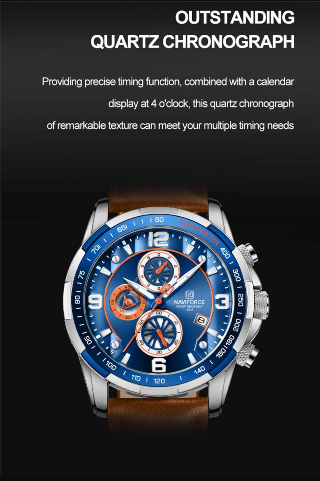 Naviforce 8020 Gents Chronograph Belt Watch- Blue Dial- Blue+Silver Bezel- Orangish Belt- TF Code NF745BM_img_3