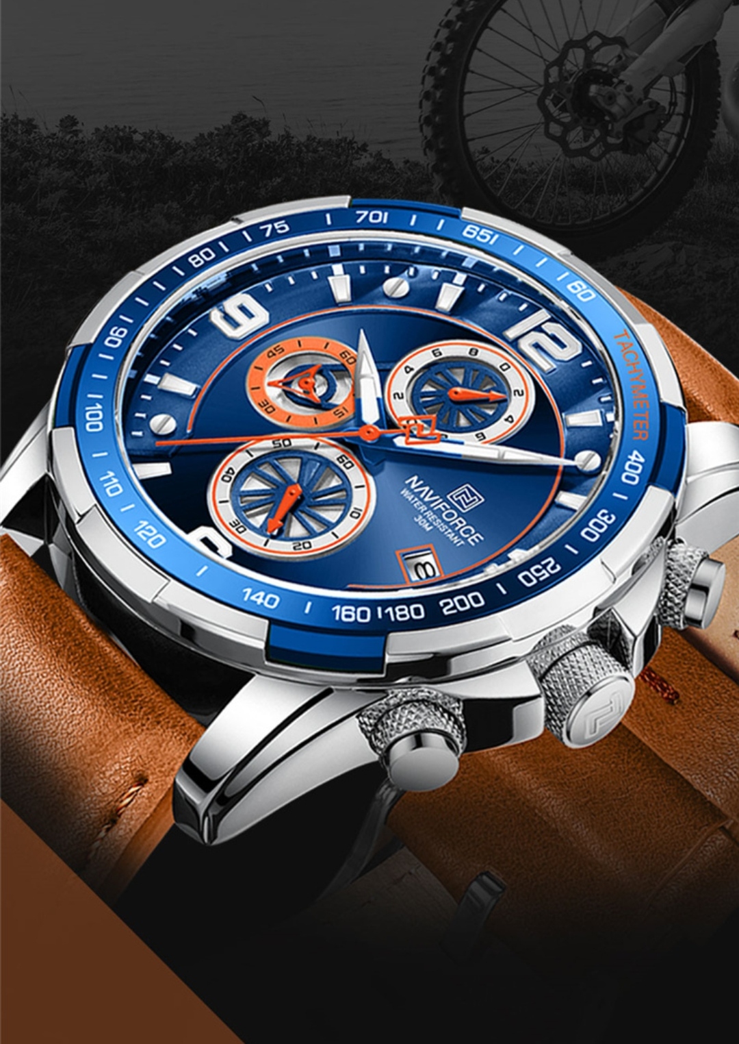 Naviforce 8020 Gents Chronograph Belt Watch- Blue Dial- Blue+Silver Bezel- Orangish Belt- TF Code NF745BM_img_4