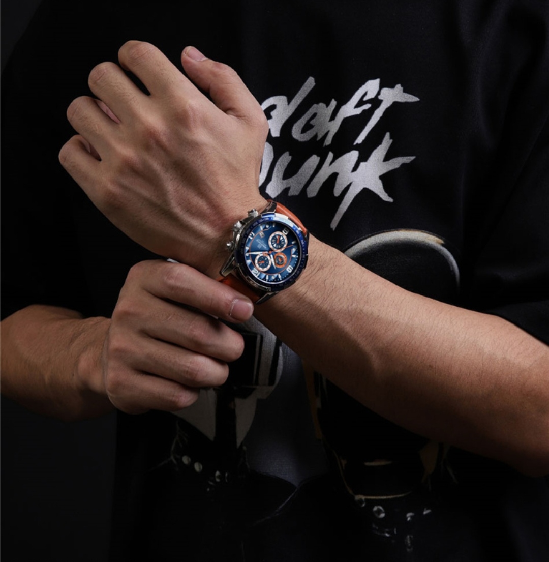 Naviforce 8020 Gents Chronograph Belt Watch- Blue Dial- Blue+Silver Bezel- Orangish Belt- TF Code NF745BM_img_5