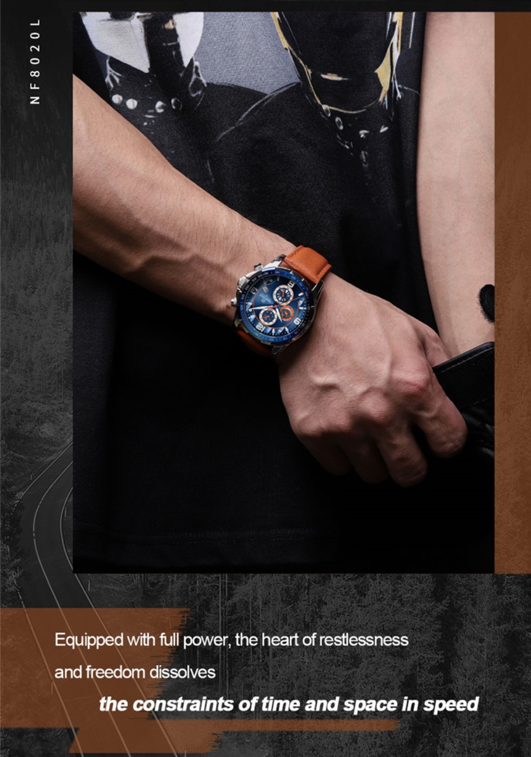 Naviforce 8020 Gents Chronograph Belt Watch- Blue Dial- Blue+Silver Bezel- Orangish Belt- TF Code NF745BM_img_6