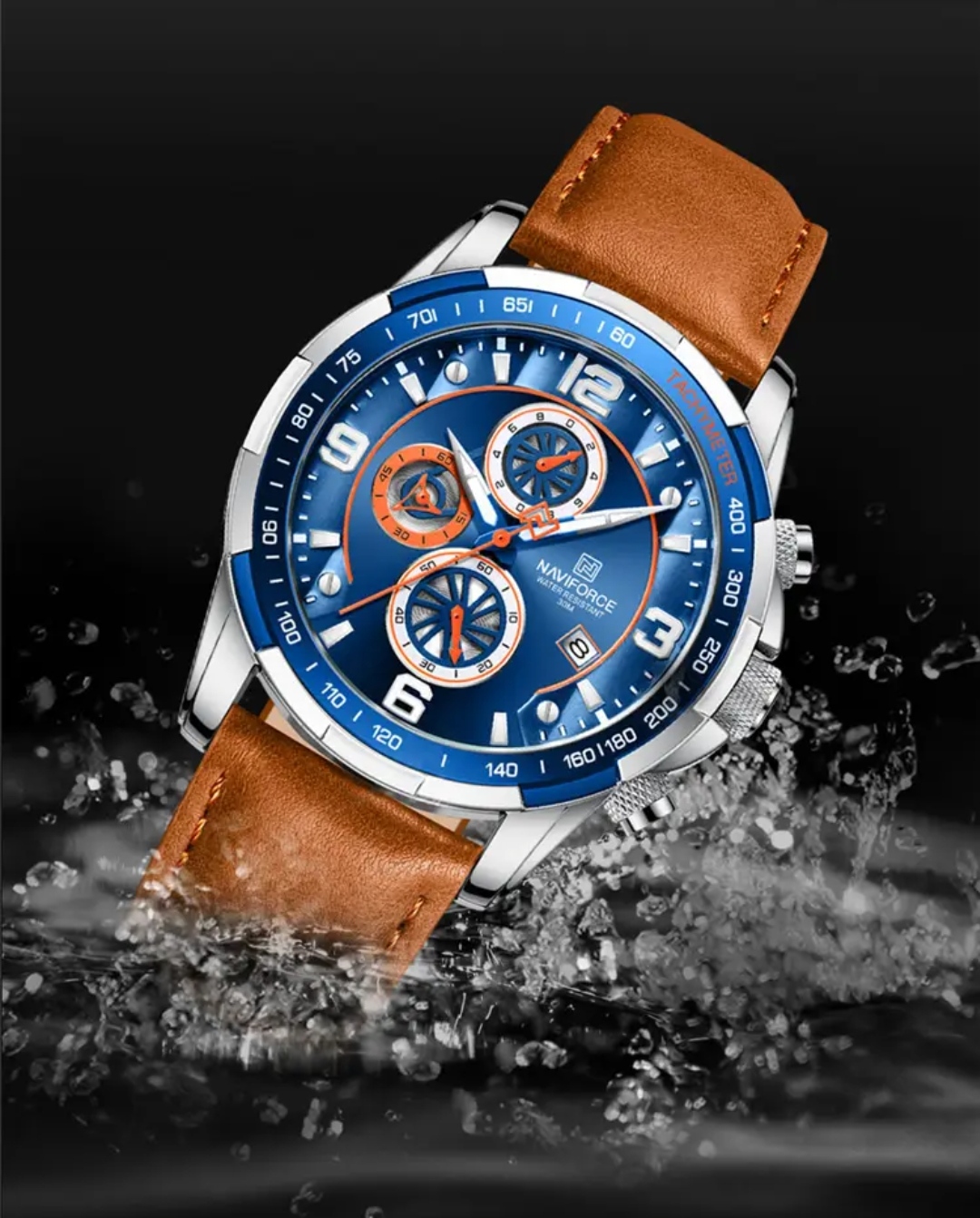 Naviforce 8020 Gents Chronograph Belt Watch- Blue Dial- Blue+Silver Bezel- Orangish Belt- TF Code NF745BM_img_7