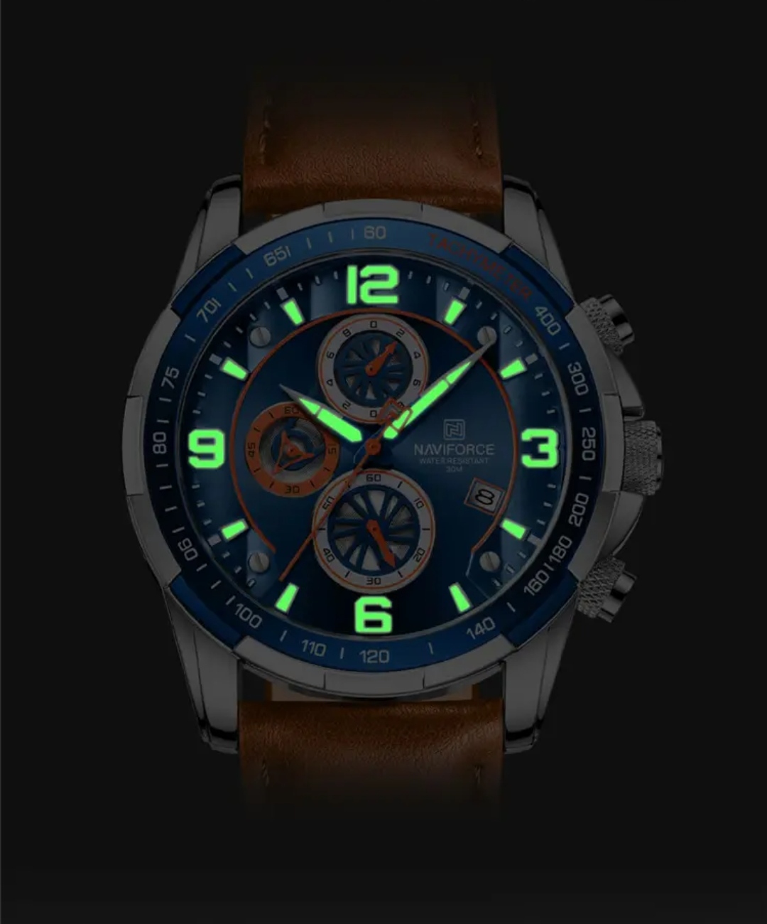 Naviforce 8020 Gents Chronograph Belt Watch- Blue Dial- Blue+Silver Bezel- Orangish Belt- TF Code NF745BM_img_8