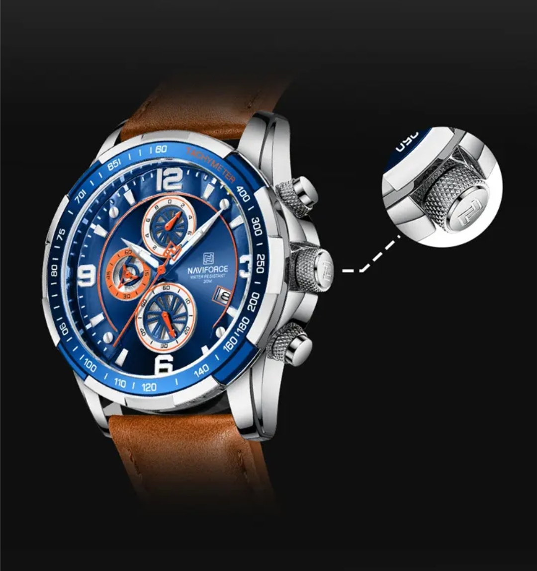 Naviforce 8020 Gents Chronograph Belt Watch- Blue Dial- Blue+Silver Bezel- Orangish Belt- TF Code NF745BM_img_9