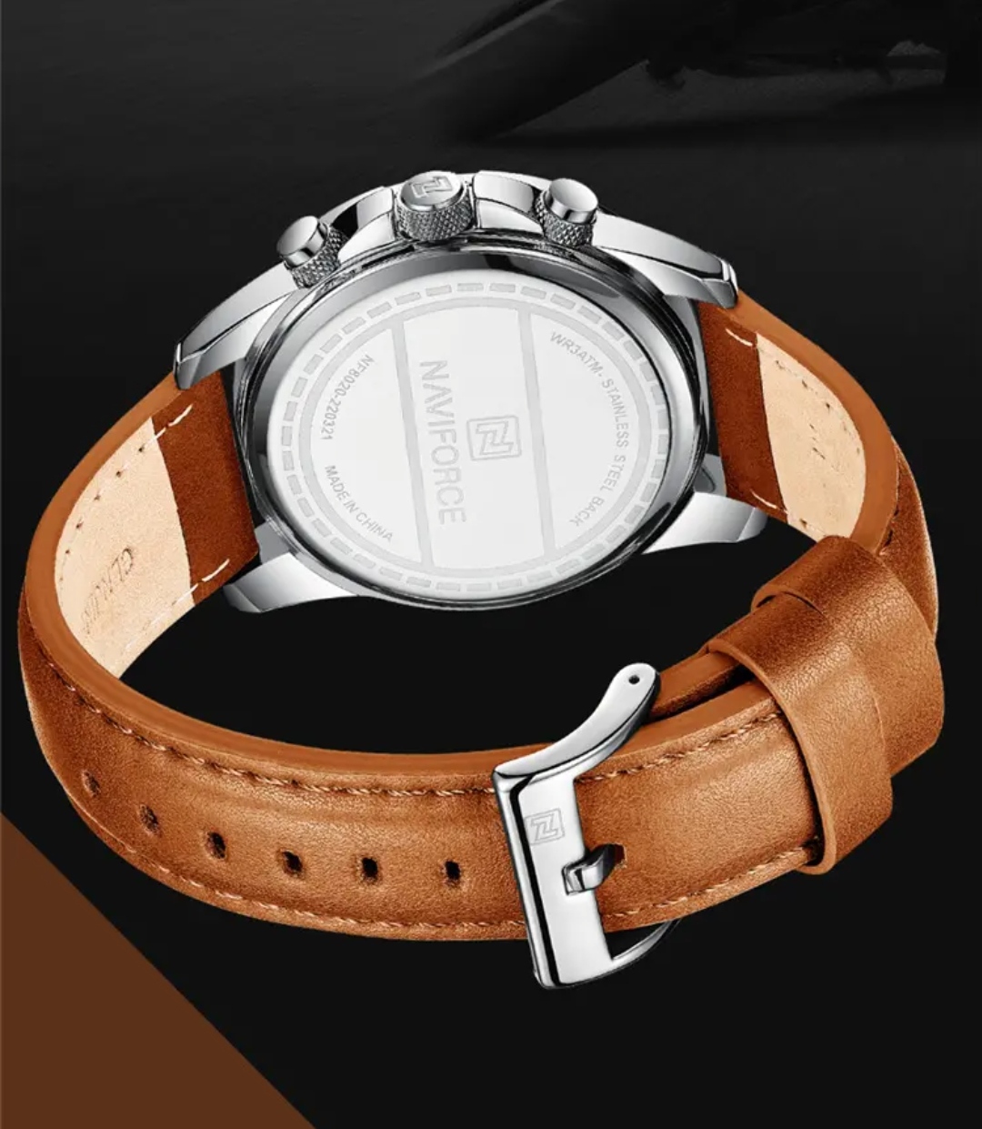 Naviforce 8020 Gents Chronograph Belt Watch- Blue Dial- Blue+Silver Bezel- Orangish Belt- TF Code NF745BM_img_10