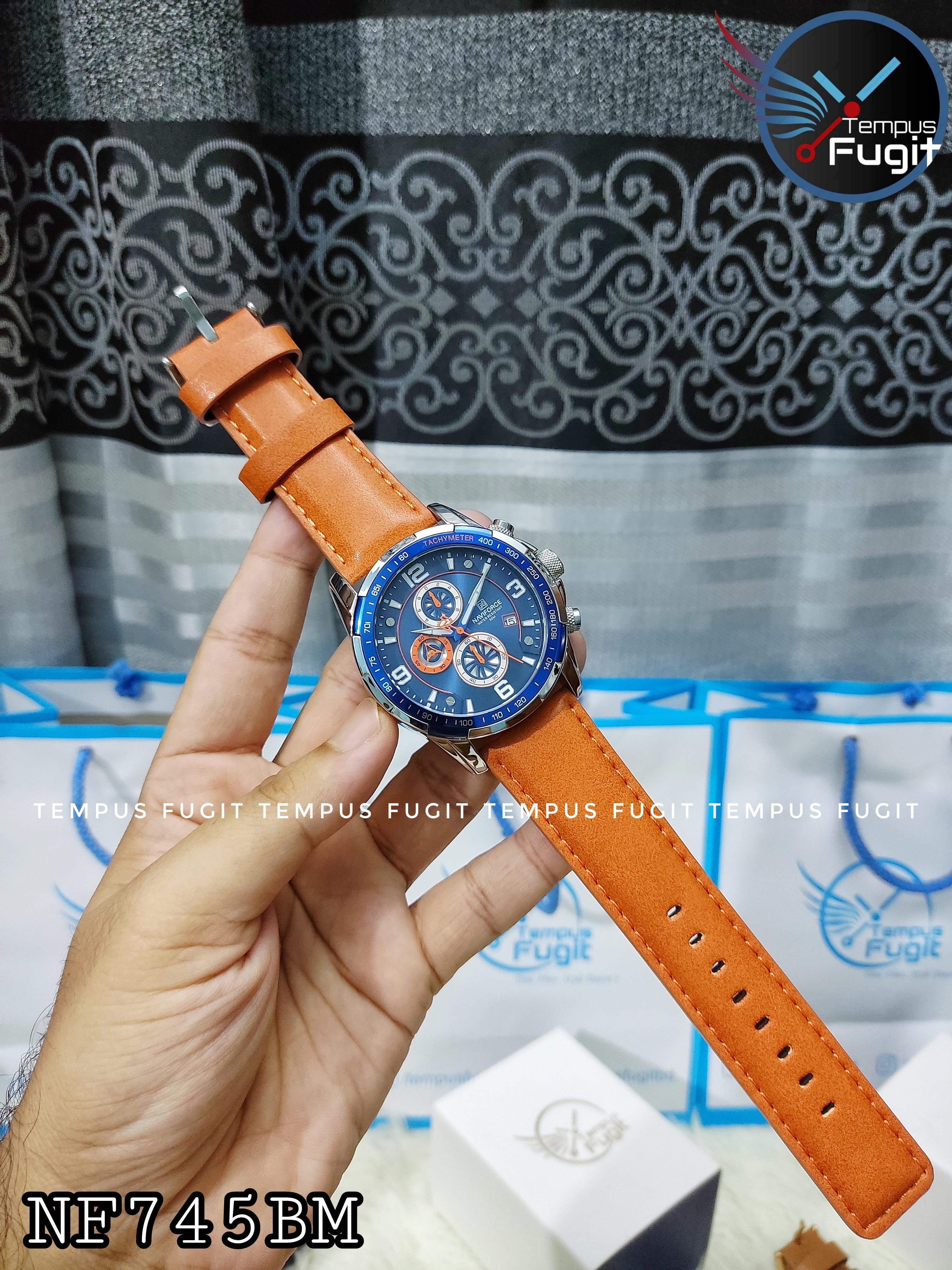 Naviforce 8020 Gents Chronograph Belt Watch- Blue Dial- Blue+Silver Bezel- Orangish Belt- TF Code NF745BM_img_11
