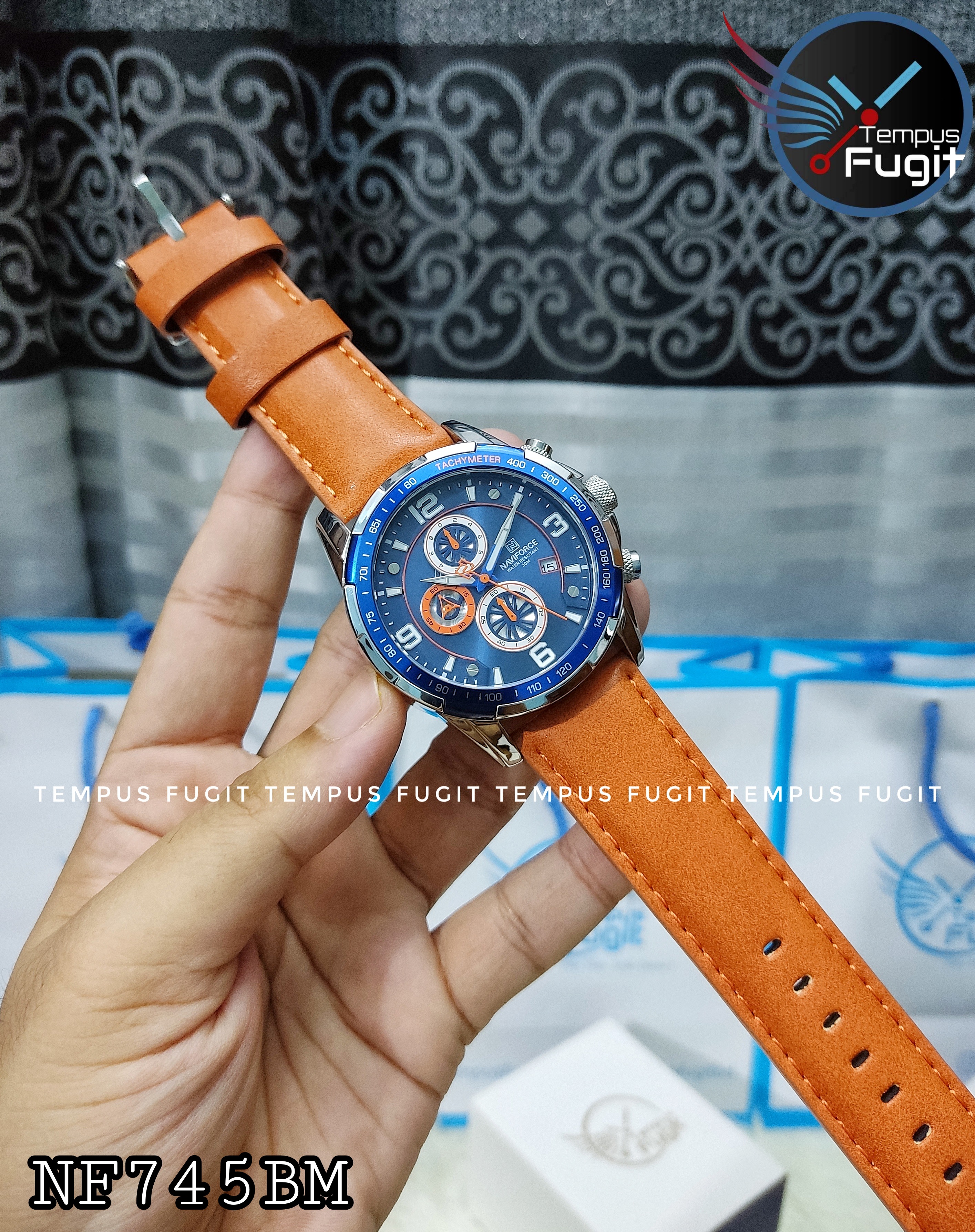 Naviforce 8020 Gents Chronograph Belt Watch- Blue Dial- Blue+Silver Bezel- Orangish Belt- TF Code NF745BM_img_12