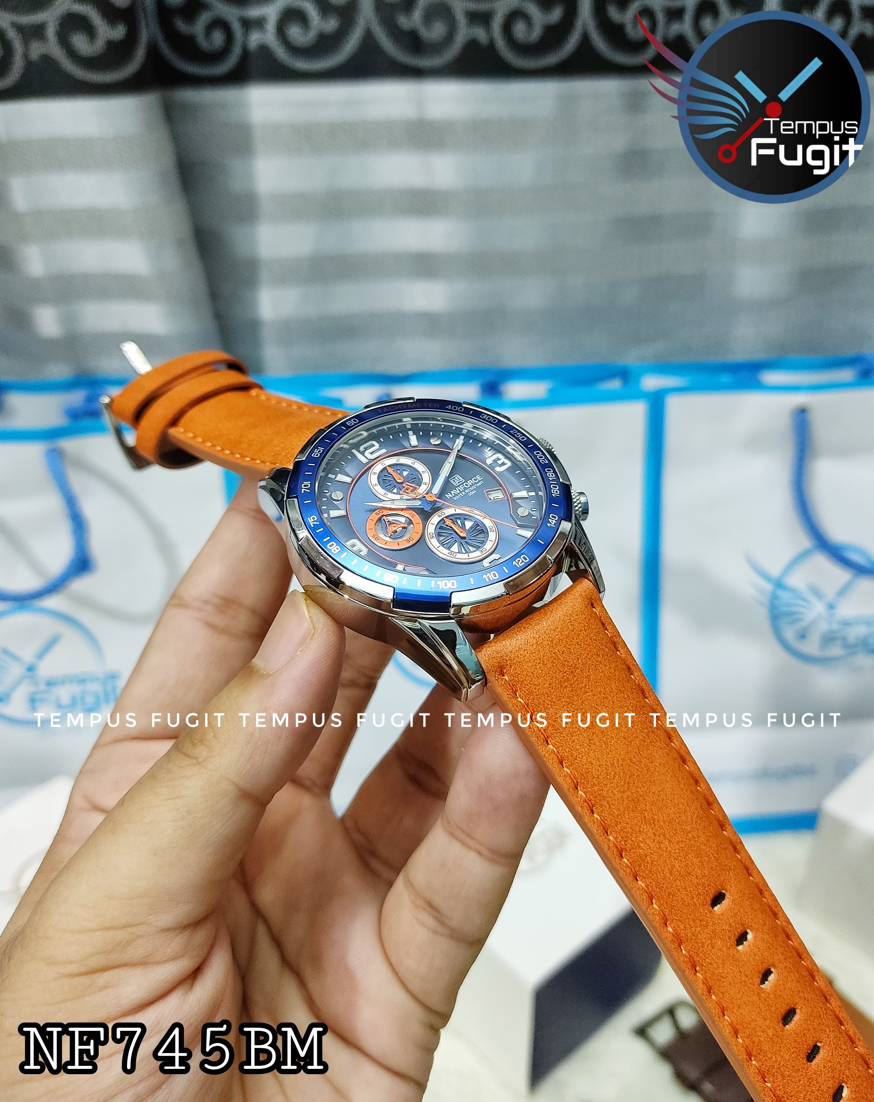Naviforce 8020 Gents Chronograph Belt Watch- Blue Dial- Blue+Silver Bezel- Orangish Belt- TF Code NF745BM_img_13