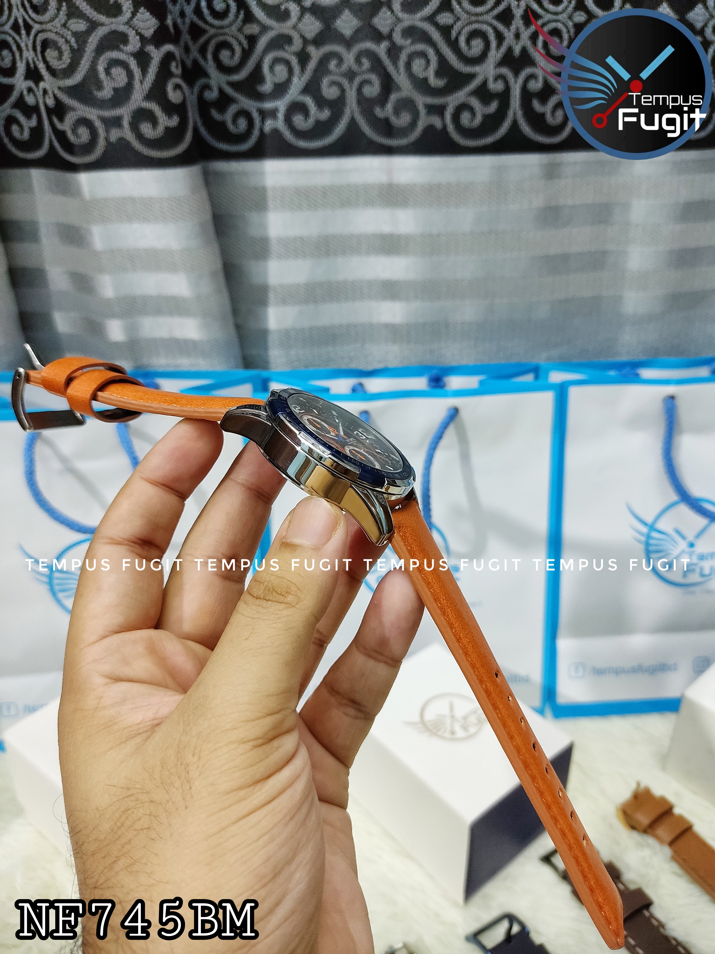 Naviforce 8020 Gents Chronograph Belt Watch- Blue Dial- Blue+Silver Bezel- Orangish Belt- TF Code NF745BM_img_14