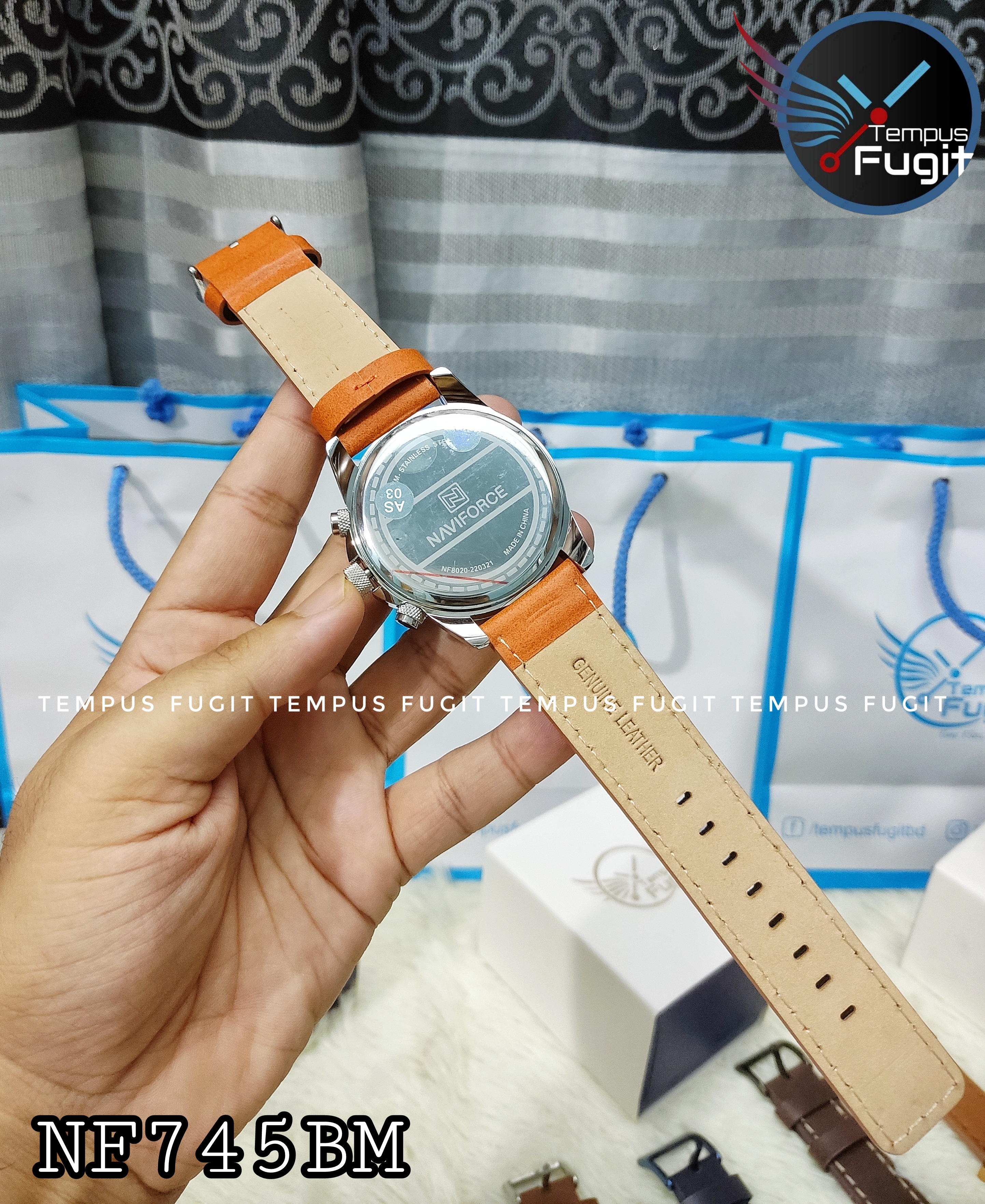 Naviforce 8020 Gents Chronograph Belt Watch- Blue Dial- Blue+Silver Bezel- Orangish Belt- TF Code NF745BM_img_15