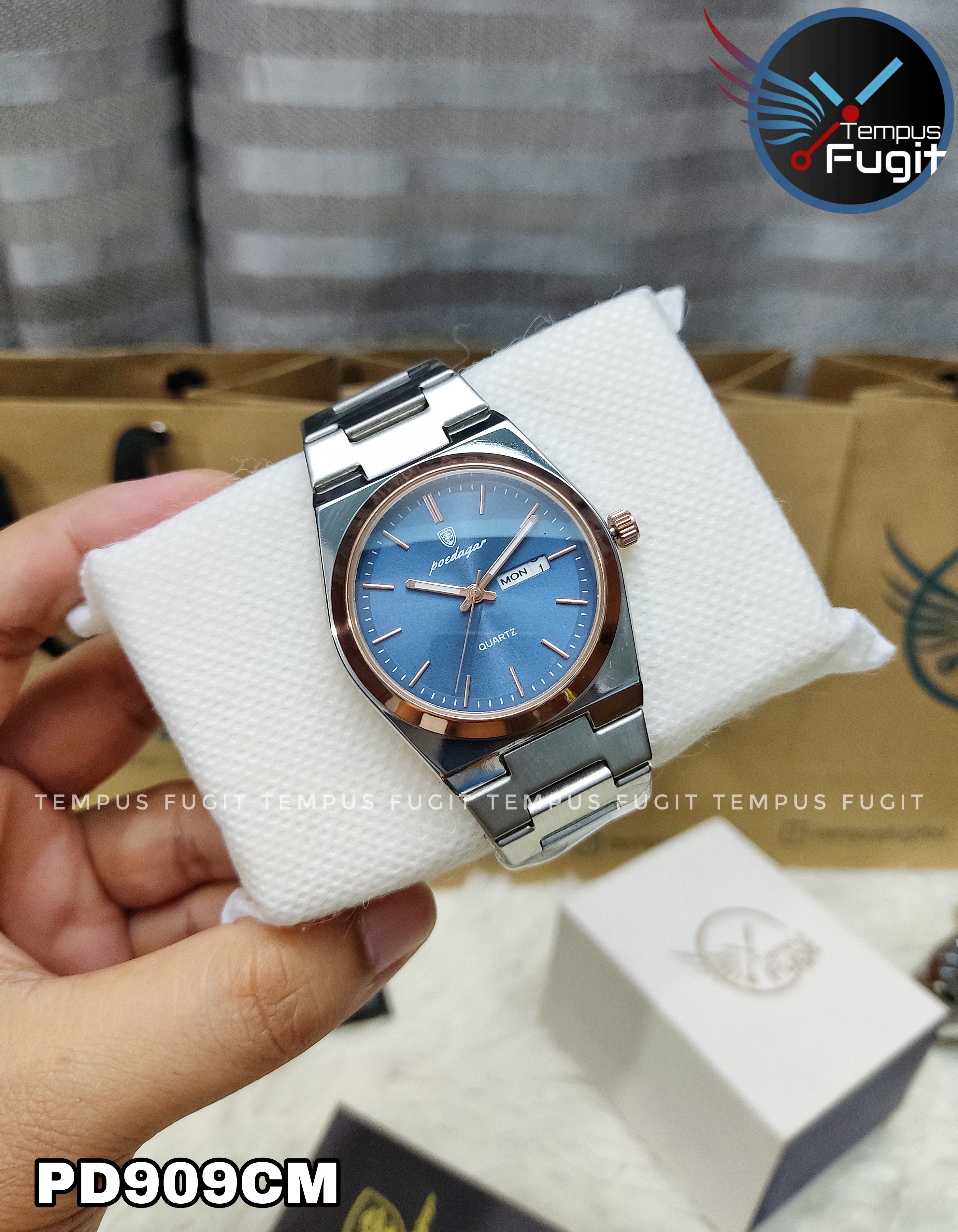 Poedagar 930 Copy Gents Chain Watch- Blue Dial- Rose Golden+Silver Bezel- Silver Chain- TF Code PD909CM_img_1