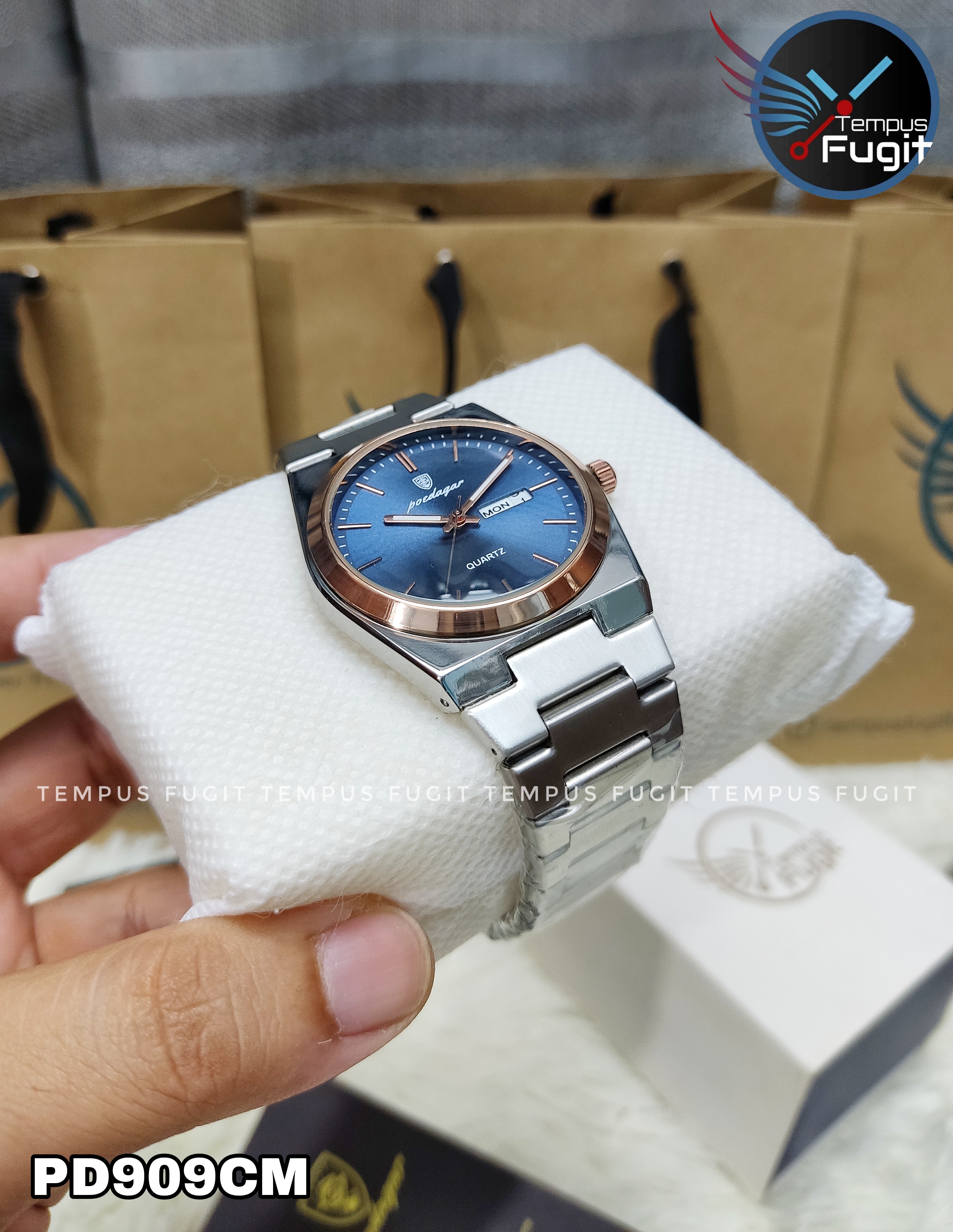 Poedagar 930 Copy Gents Chain Watch- Blue Dial- Rose Golden+Silver Bezel- Silver Chain- TF Code PD909CM_img_2