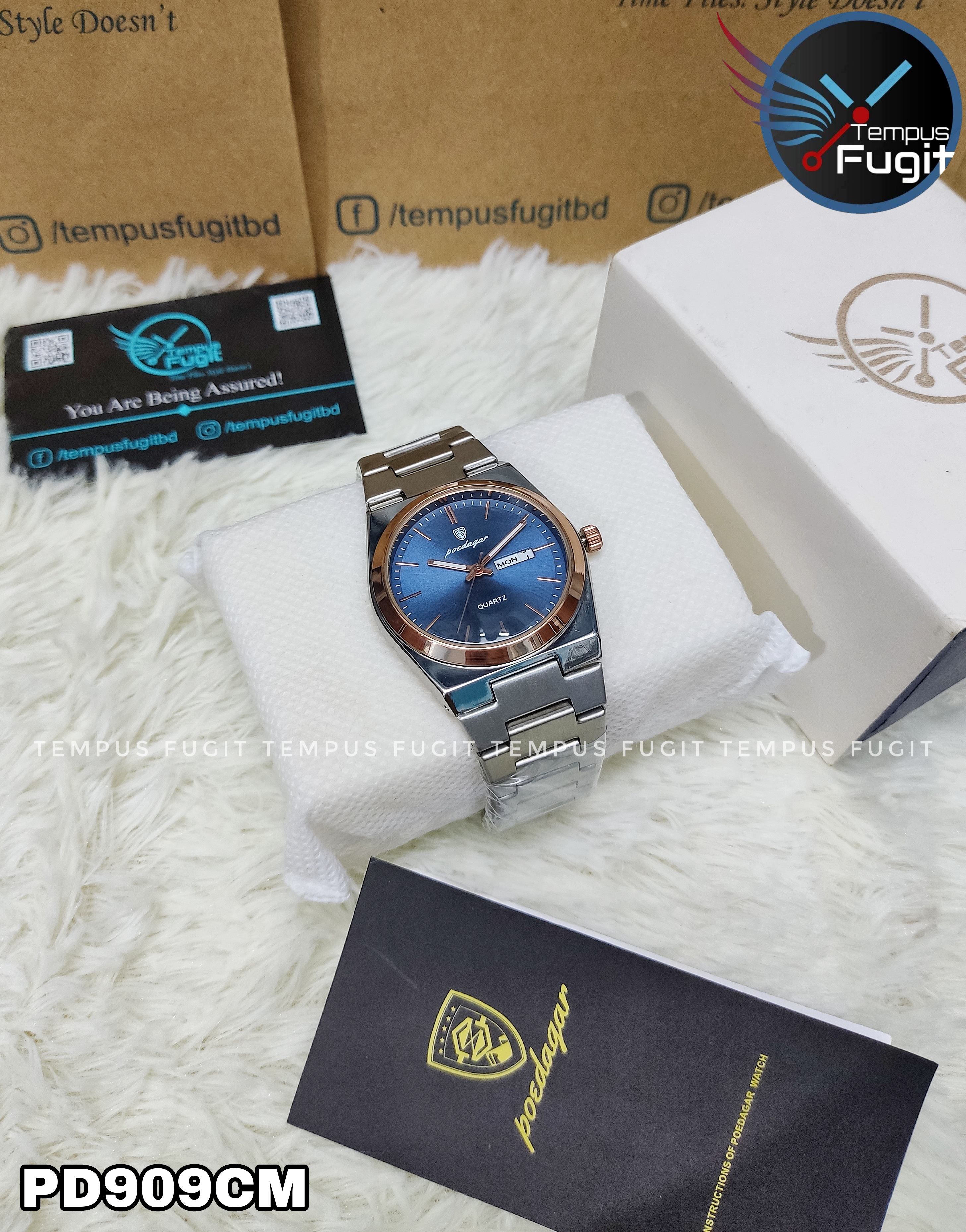 Poedagar 930 Copy Gents Chain Watch- Blue Dial- Rose Golden+Silver Bezel- Silver Chain- TF Code PD909CM_img_3