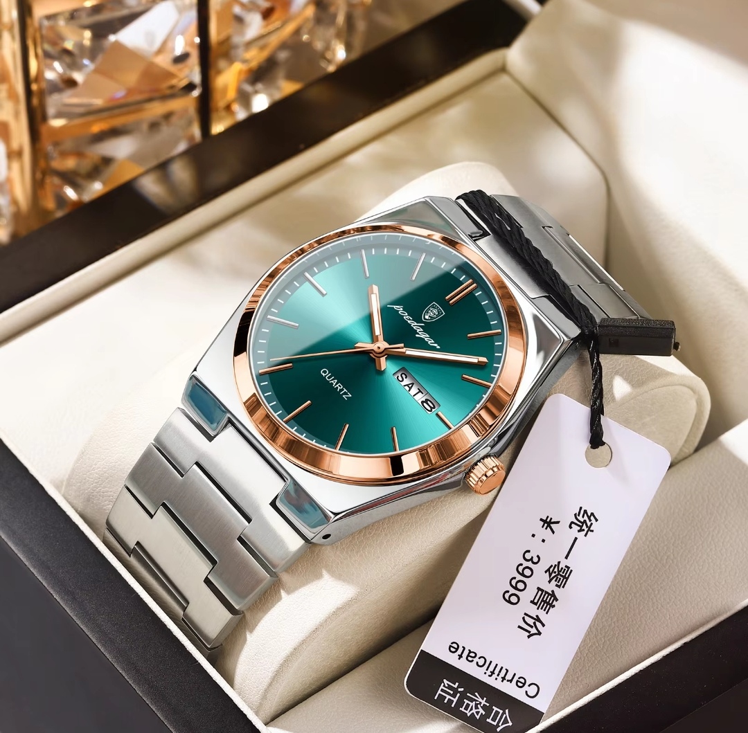 Poedagar 930 Copy Gents Chain Watch- Green Dial- Rose Golden+Silver Bezel- Silver Chain- TF Code PD908CM_img_0