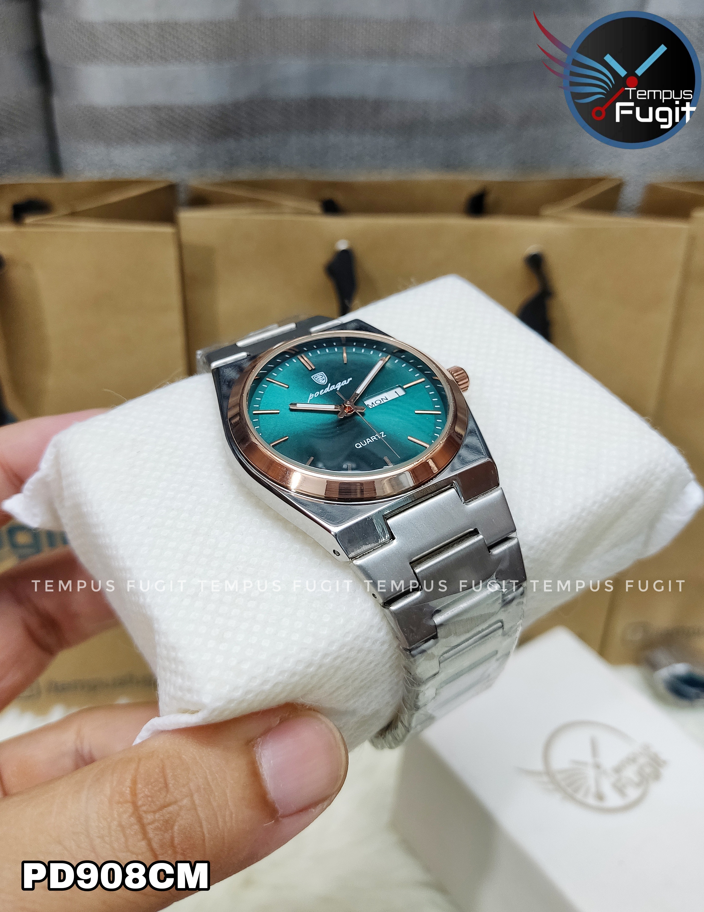 Poedagar 930 Copy Gents Chain Watch- Green Dial- Rose Golden+Silver Bezel- Silver Chain- TF Code PD908CM_img_2